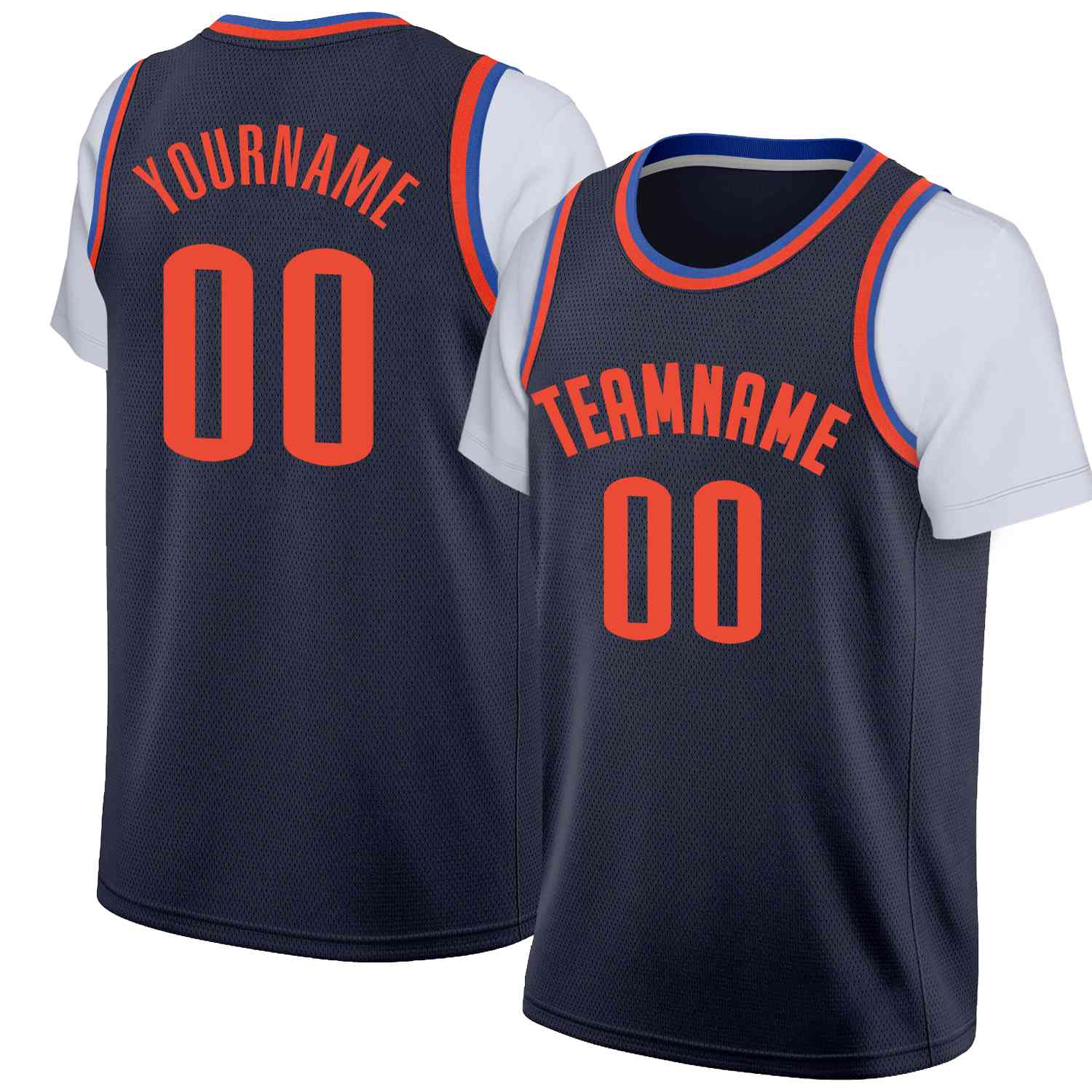 Custom Navy Orange Classic Tops Casual Fake Sleeve Basketball Jersey