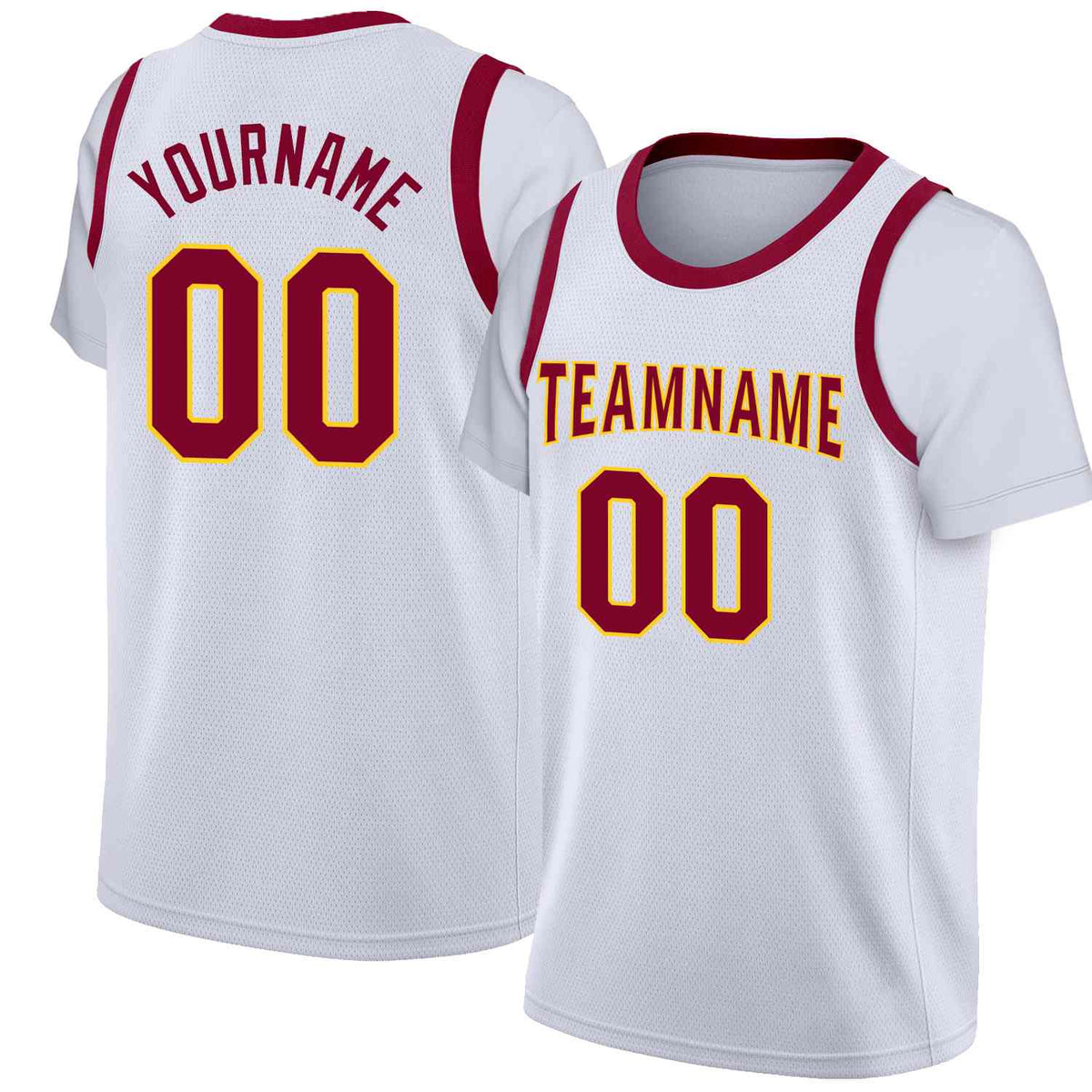 Custom White Maroon-Yellow Classic Tops Casual Fake Sleeve Basketball Jersey