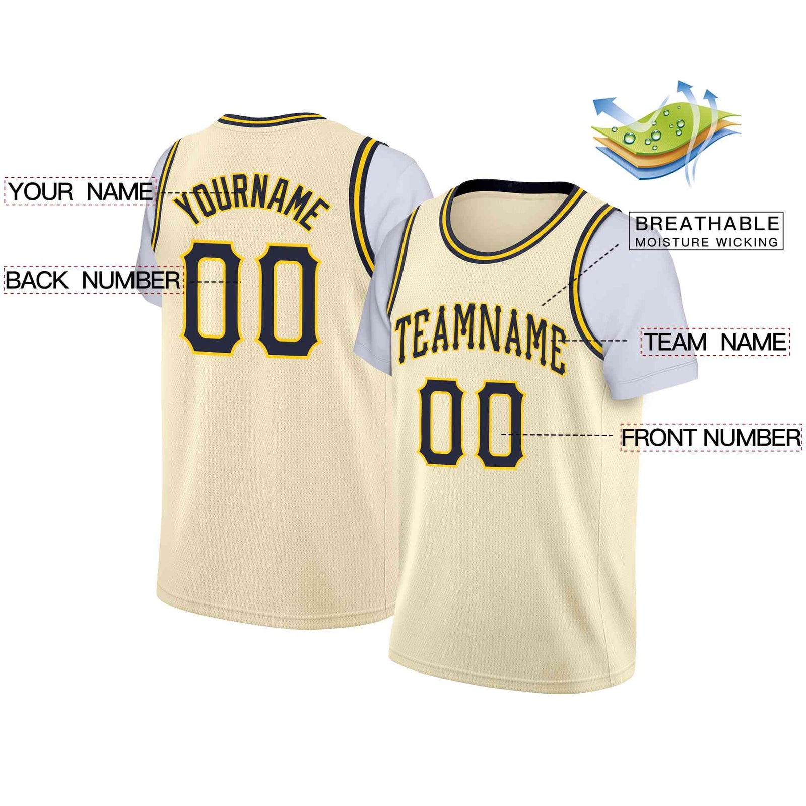 Custom Cream Navy-Yellow Classic Tops Casual Fake Sleeve Basketball Jersey