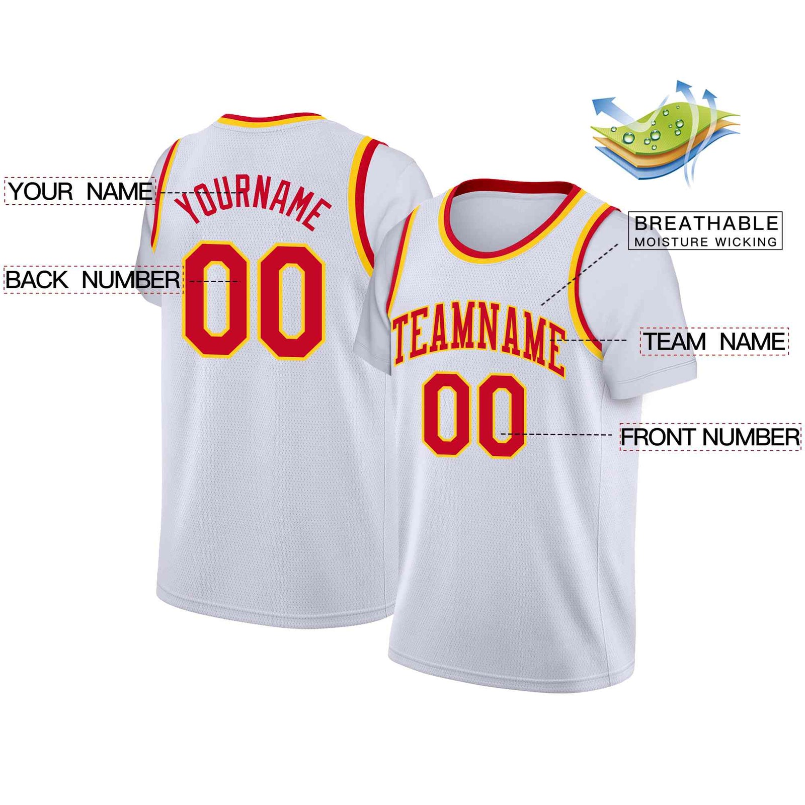 Custom White Red-Yellow Classic Tops Casual Fake Sleeve Basketball Jersey