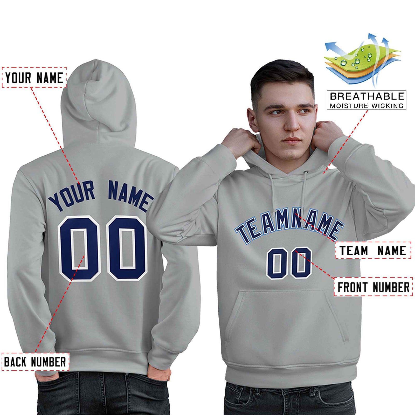 Custom Gray Light Blue-Navy Classic Style Personalized Sport Pullover Hoodie