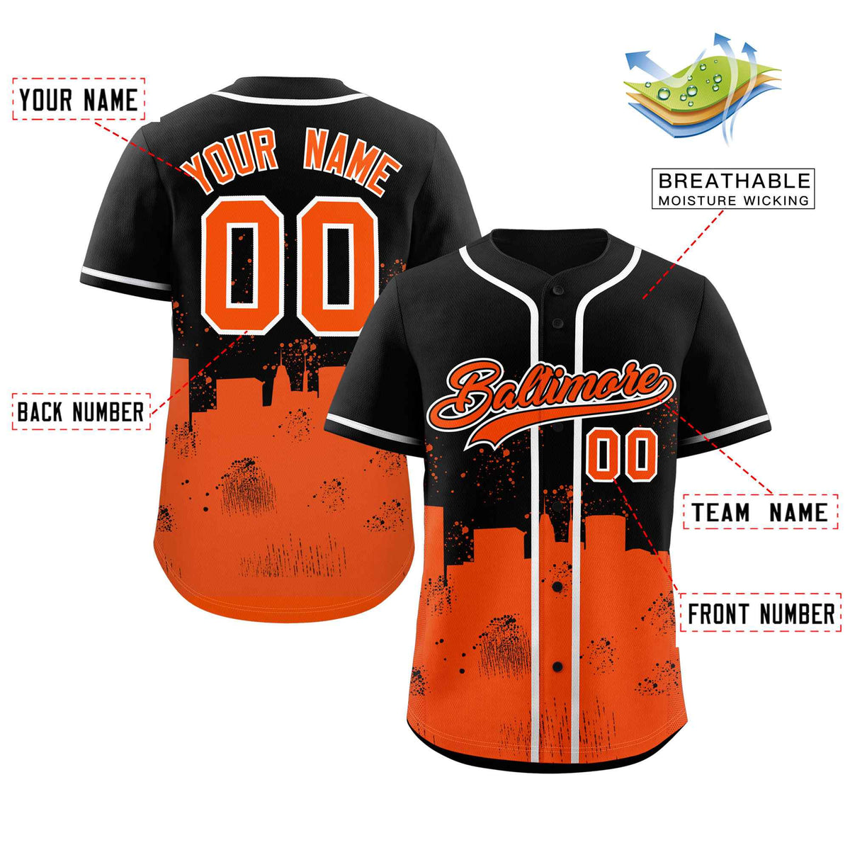 Custom Black Orange Personalized Baltimore City Nightscape Authentic Baseball Jersey