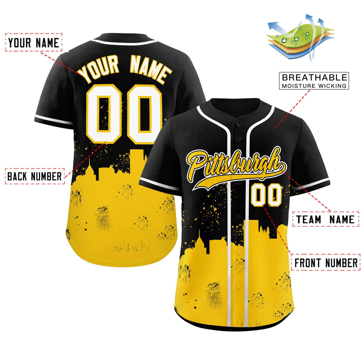 Custom Black Yellow Personalized Pittsburgh City Nightscape Authentic Baseball Jersey