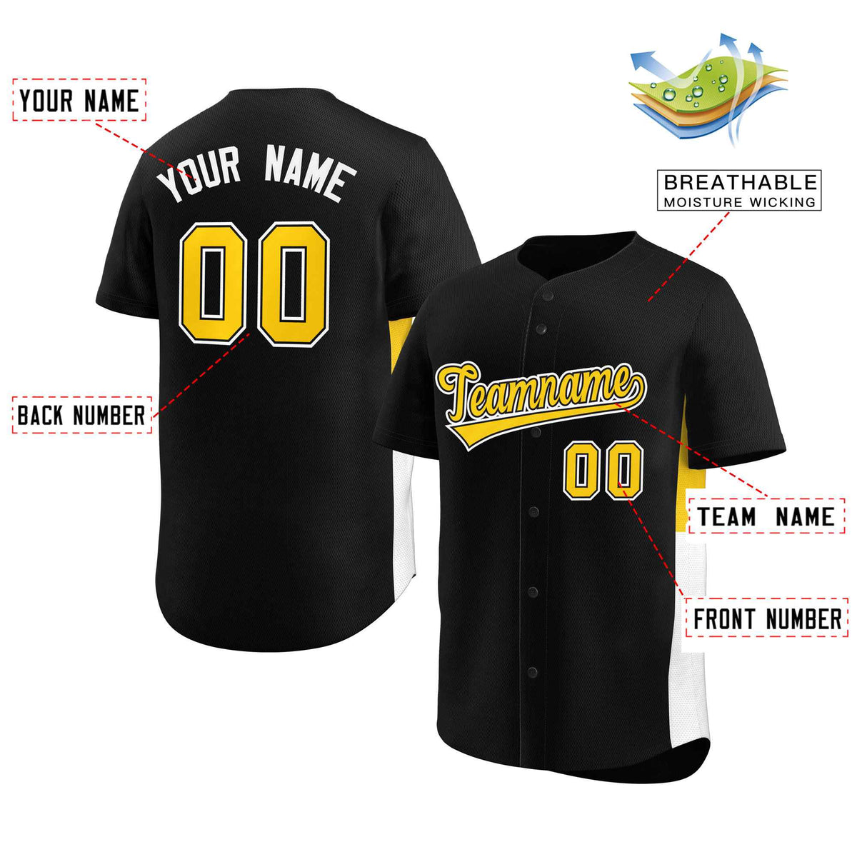 Custom Black Yellow-White Personalized Side Two-Tone Design Authentic Baseball Jersey