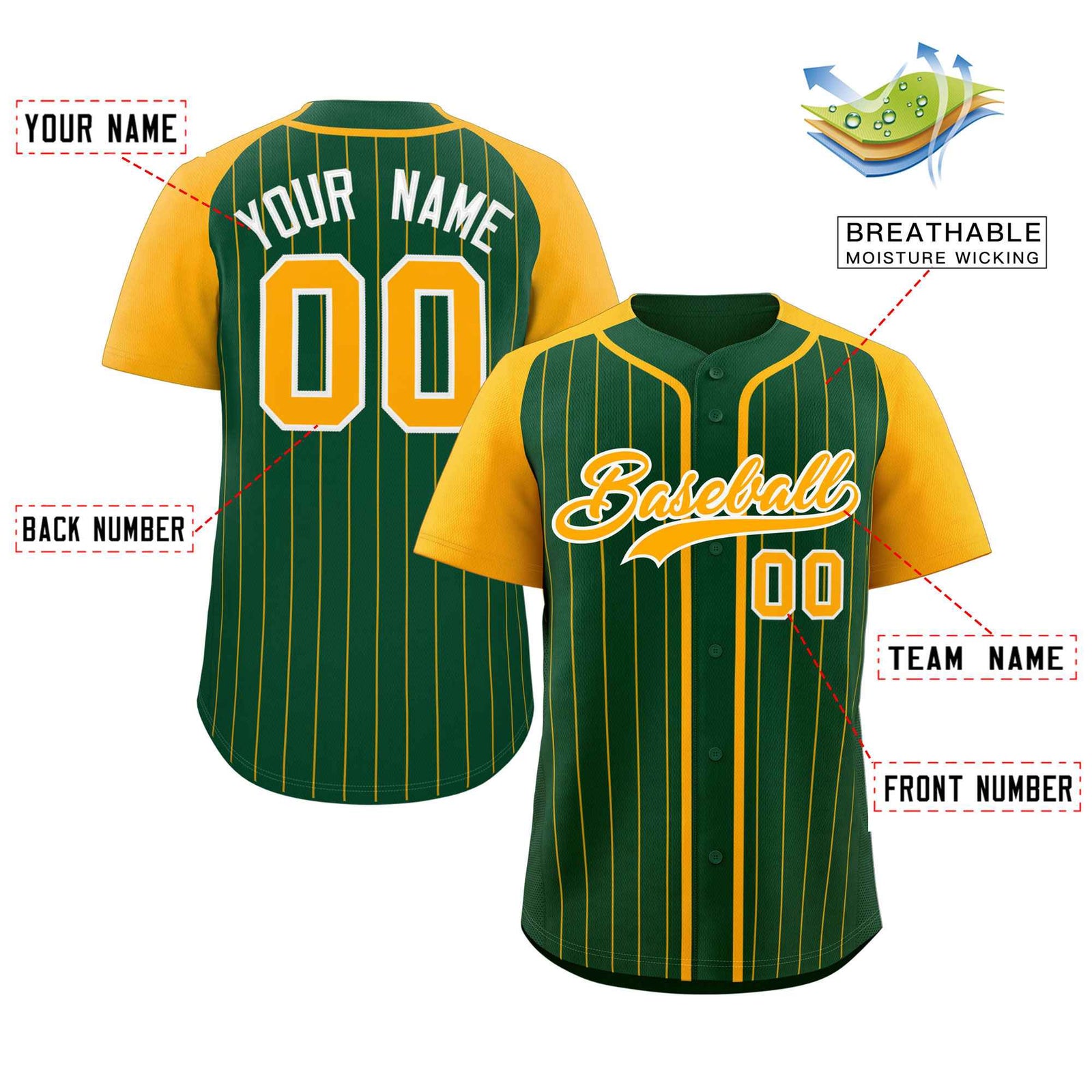 Custom Green Yellow-White Stripe Fashion Raglan Sleeves Authentic Baseball Jersey
