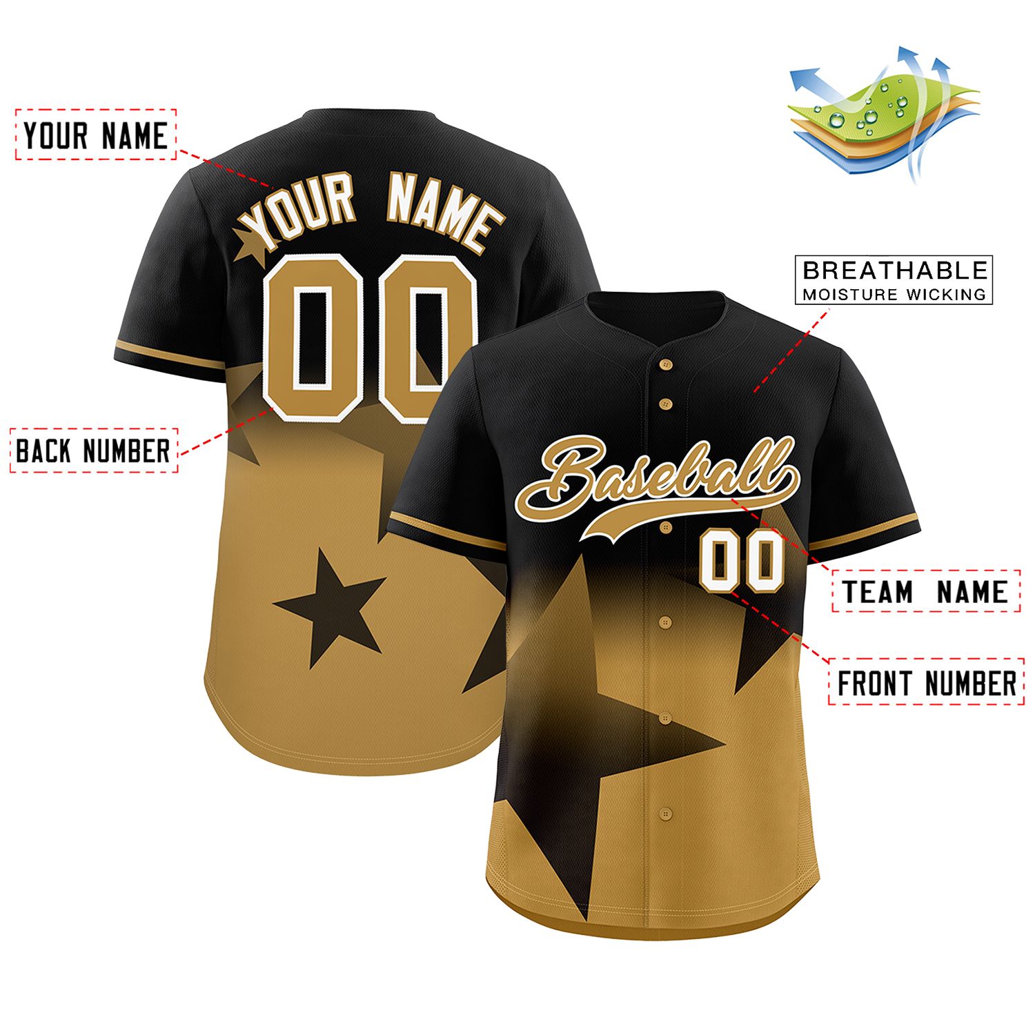 Custom Black Old Gold Gradient Star Graffiti Pattern Authentic Baseball Jersey