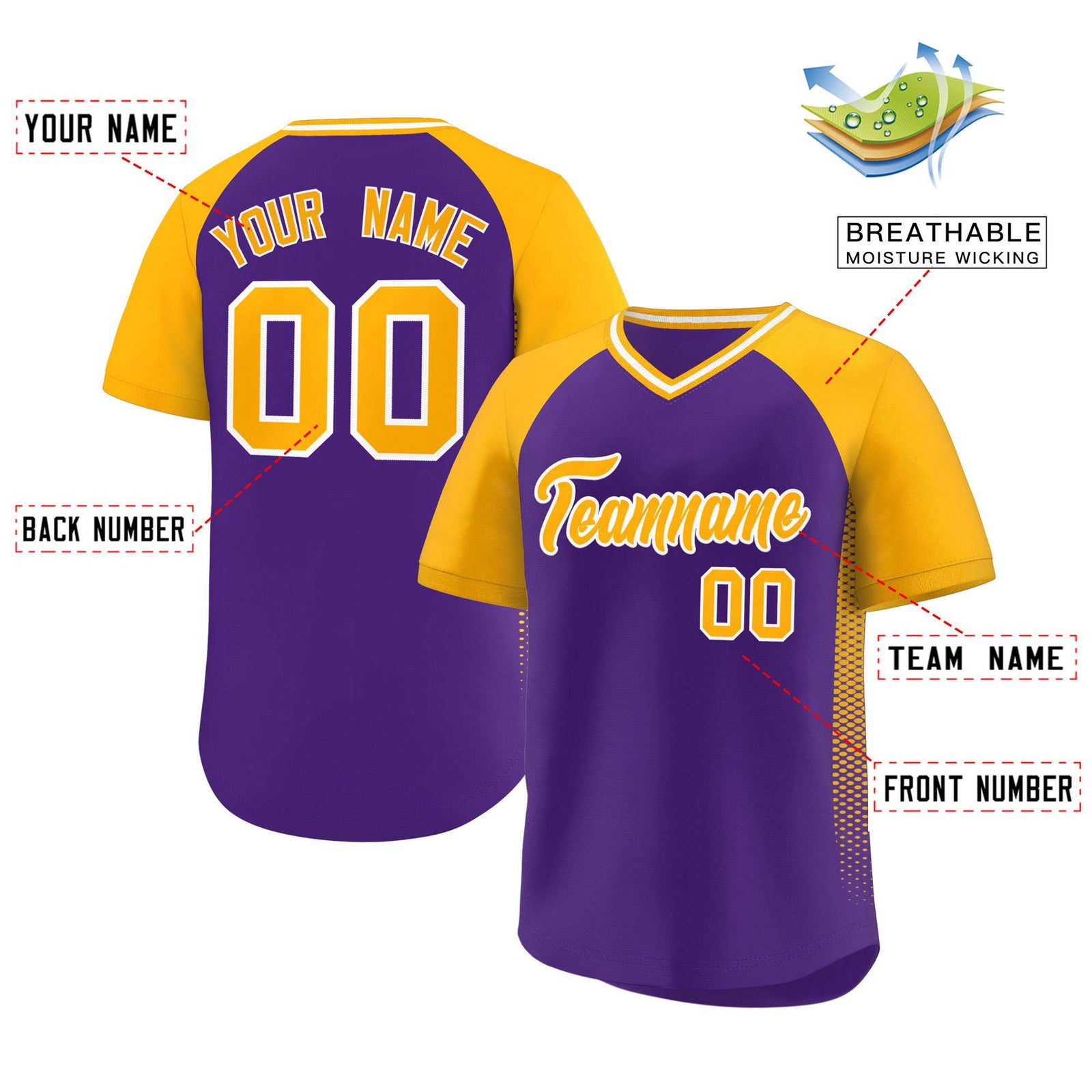 Custom Purple Gold Raglan Sleeves Side Spot Authentic Pullover Baseball Jersey