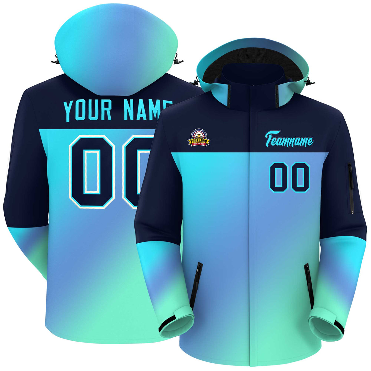 Custom Navy Sky Blue Gradient Fashion Personalized Outdoor Hooded Waterproof Jacket