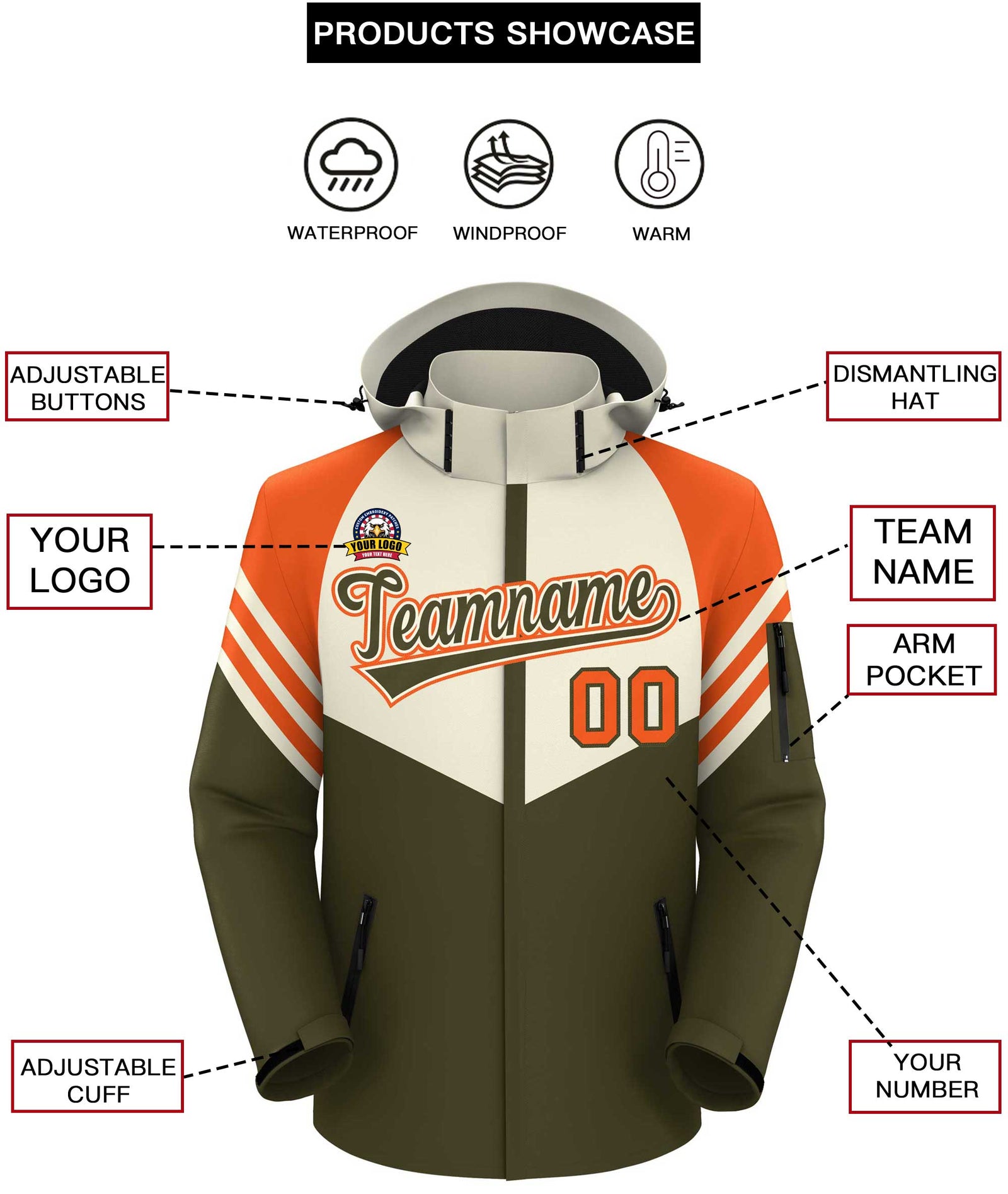 Custom Cream Olive-Orange Color Block Personalized Outdoor Hooded Waterproof Jacket
