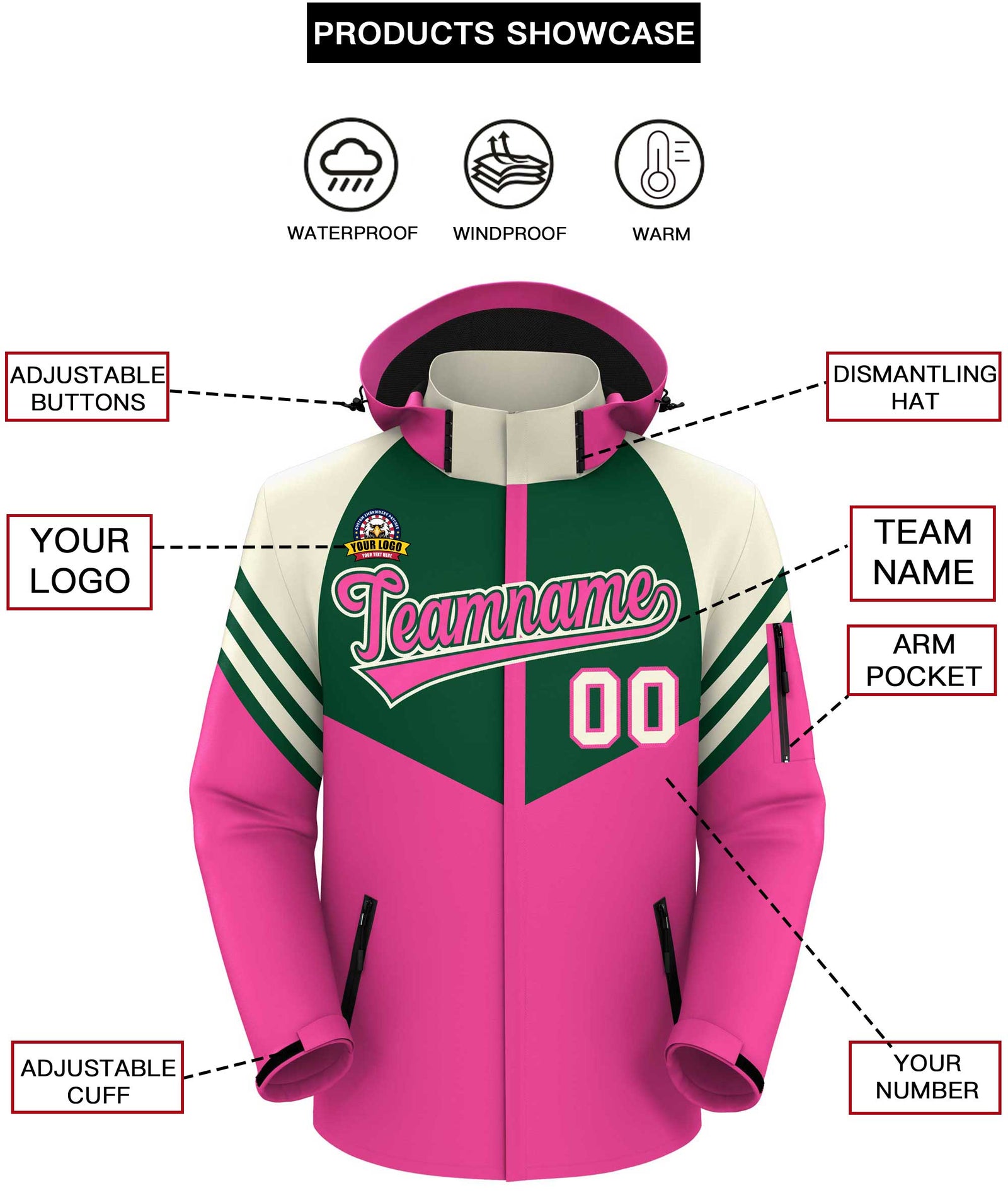 Custom Green Pink-Cream Color Block Personalized Outdoor Hooded Waterproof Jacket