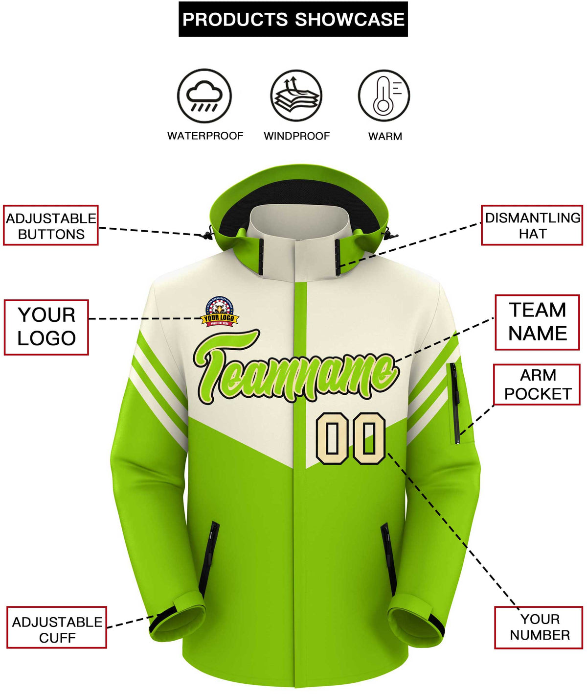 Custom Cream Neon Green Color Block Personalized Outdoor Hooded Waterproof Jacket