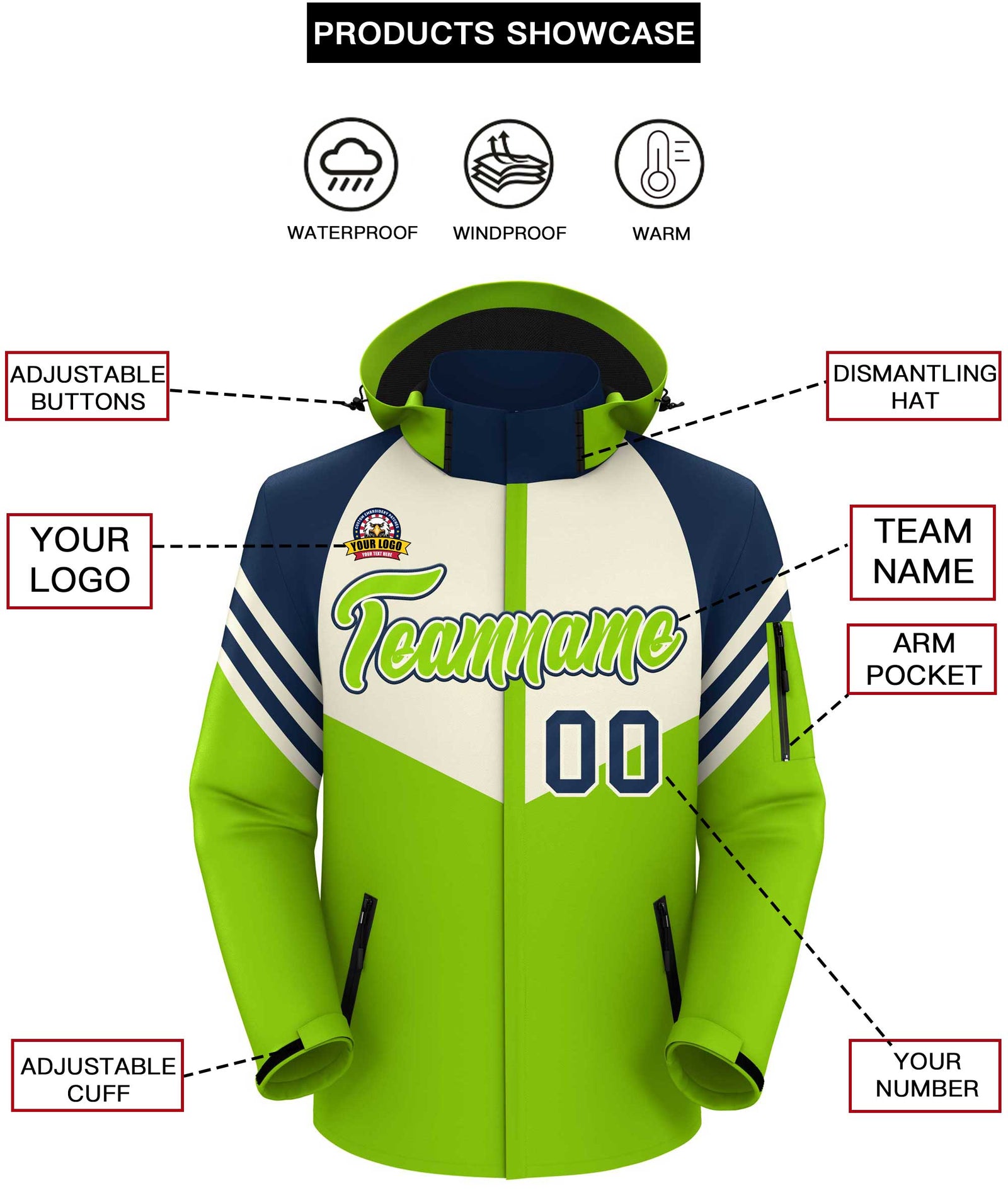 Custom Cream Neon Green-Navy Color Block Personalized Outdoor Hooded Waterproof Jacket