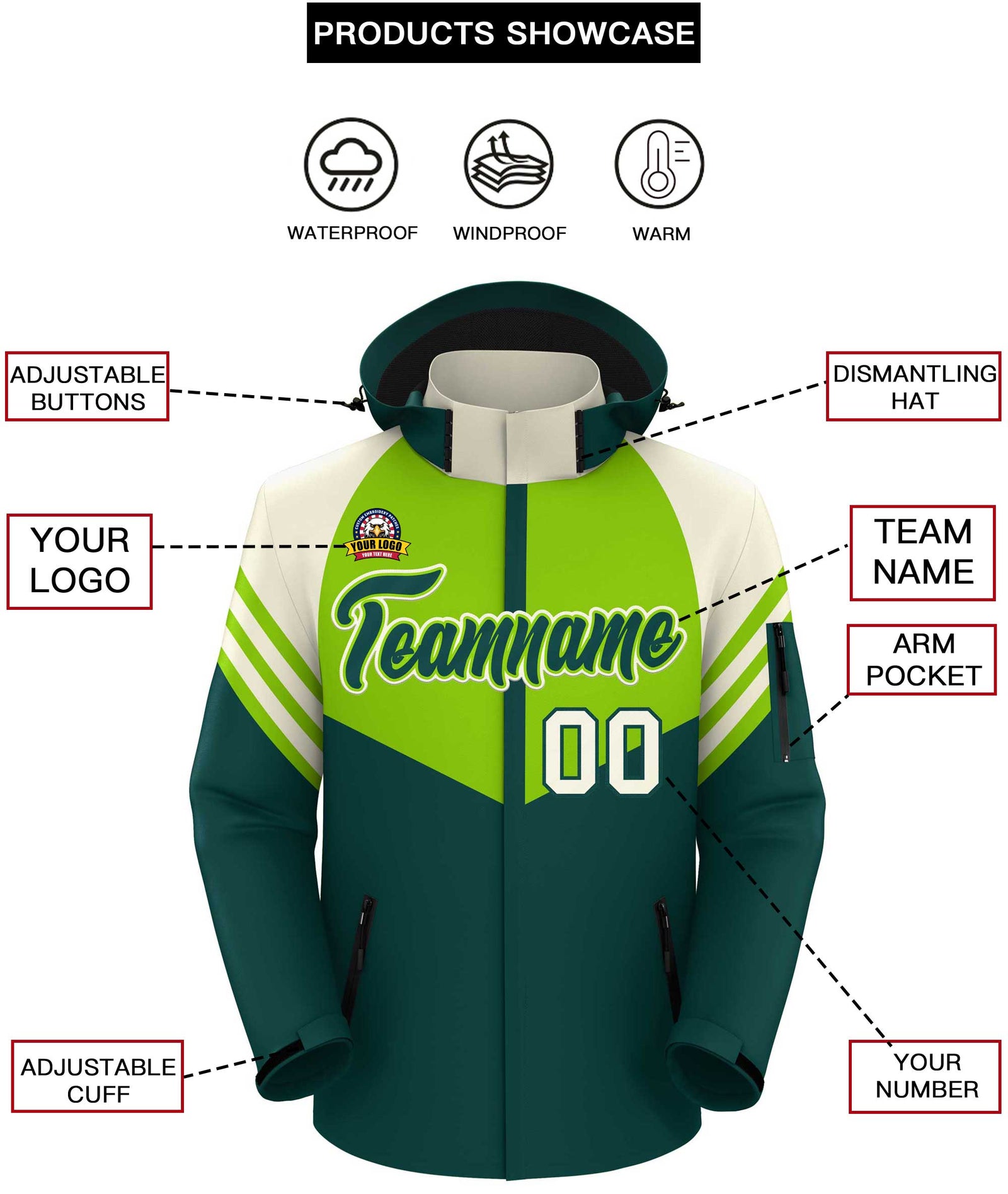 Custom Neon Green Midnight Green-Cream Color Block Personalized Outdoor Hooded Waterproof Jacket