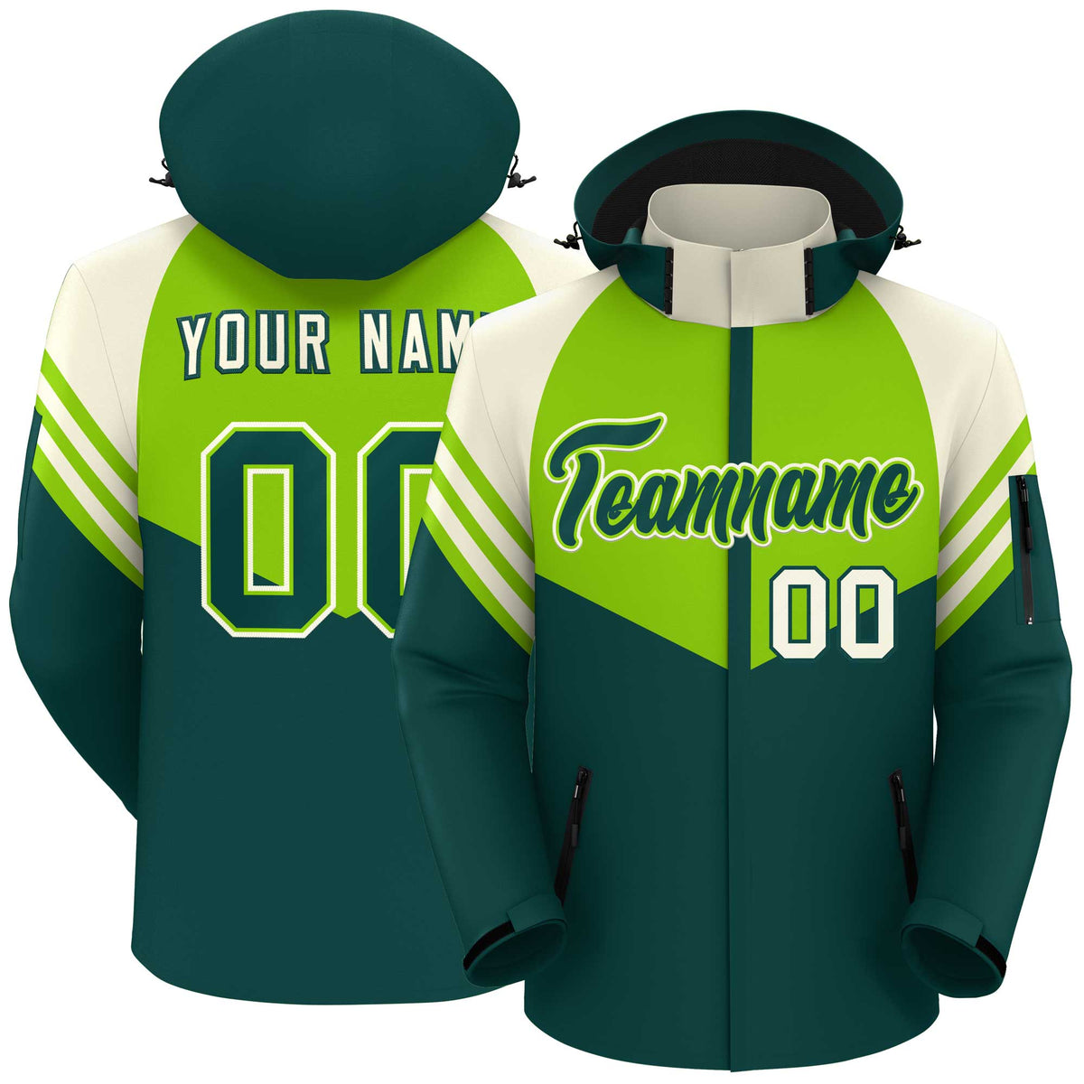 Custom Neon Green Midnight Green-Cream Color Block Personalized Outdoor Hooded Waterproof Jacket