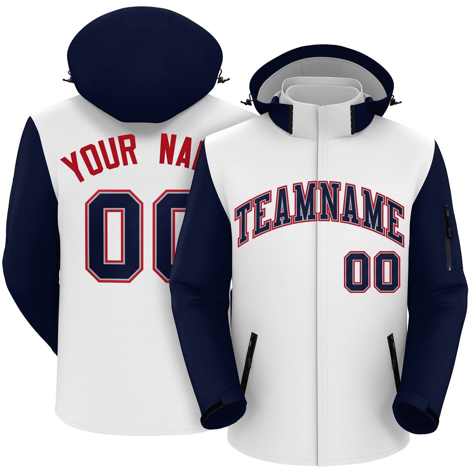 Custom White Navy-Red Raglan Sleeves Waterproof Jacket