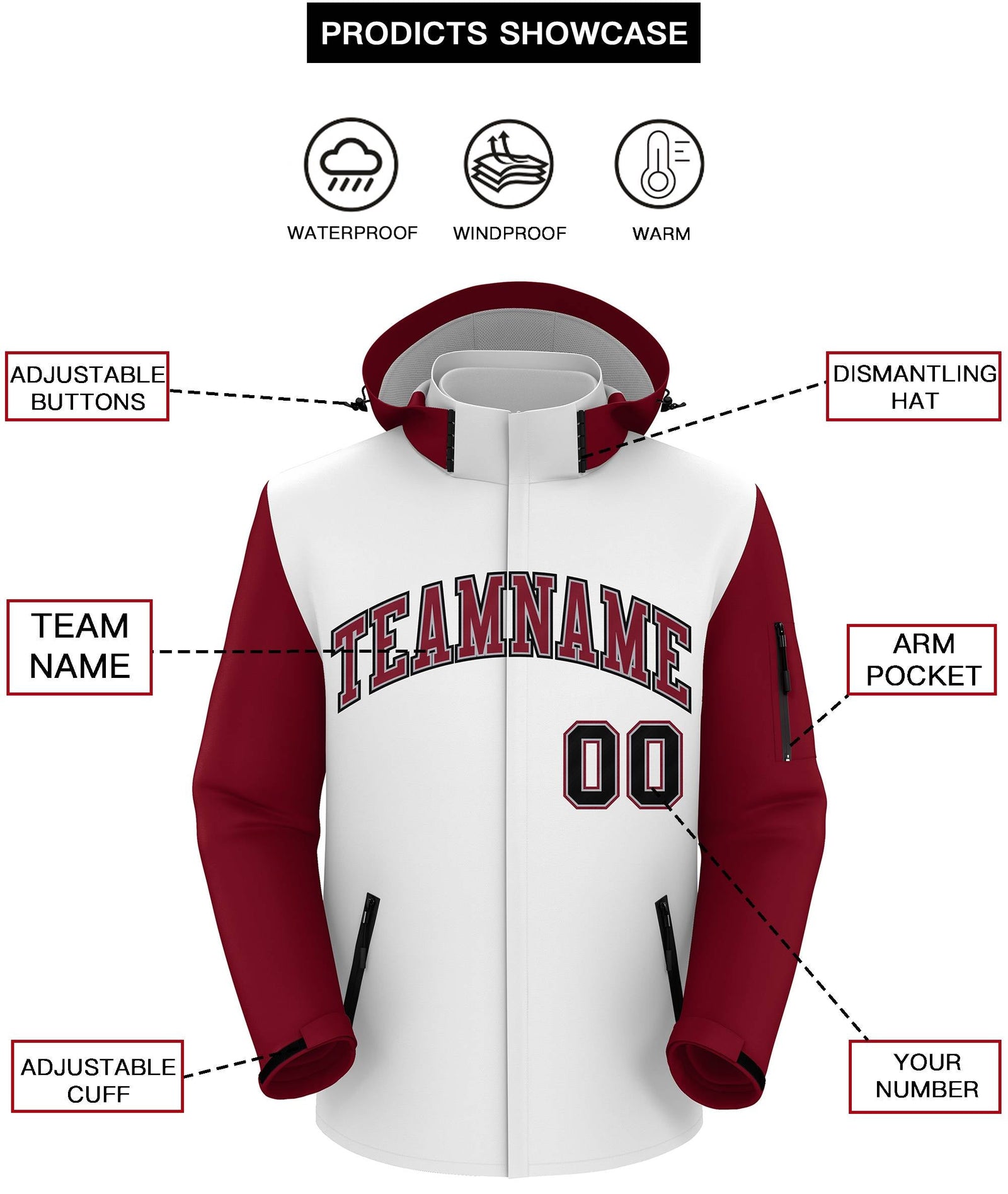 Custom White Crimson-Black Raglan Sleeves Waterproof Jacket