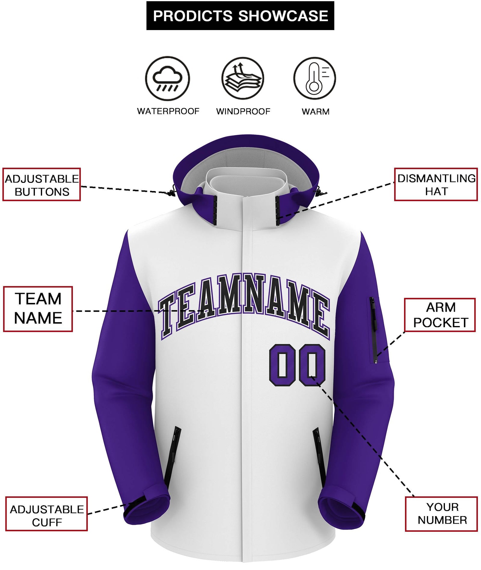 Custom White Purple-Black Raglan Sleeves Waterproof Jacket