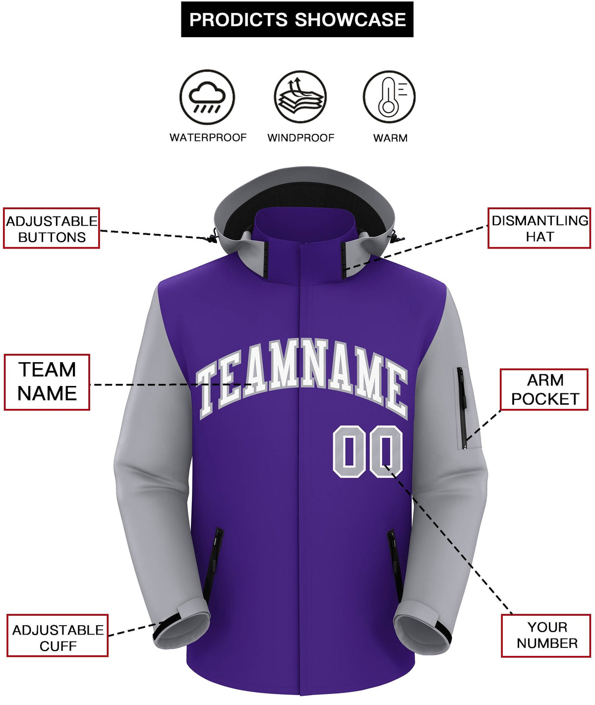 Custom Purple Gray-White Raglan Sleeves Waterproof Jacket