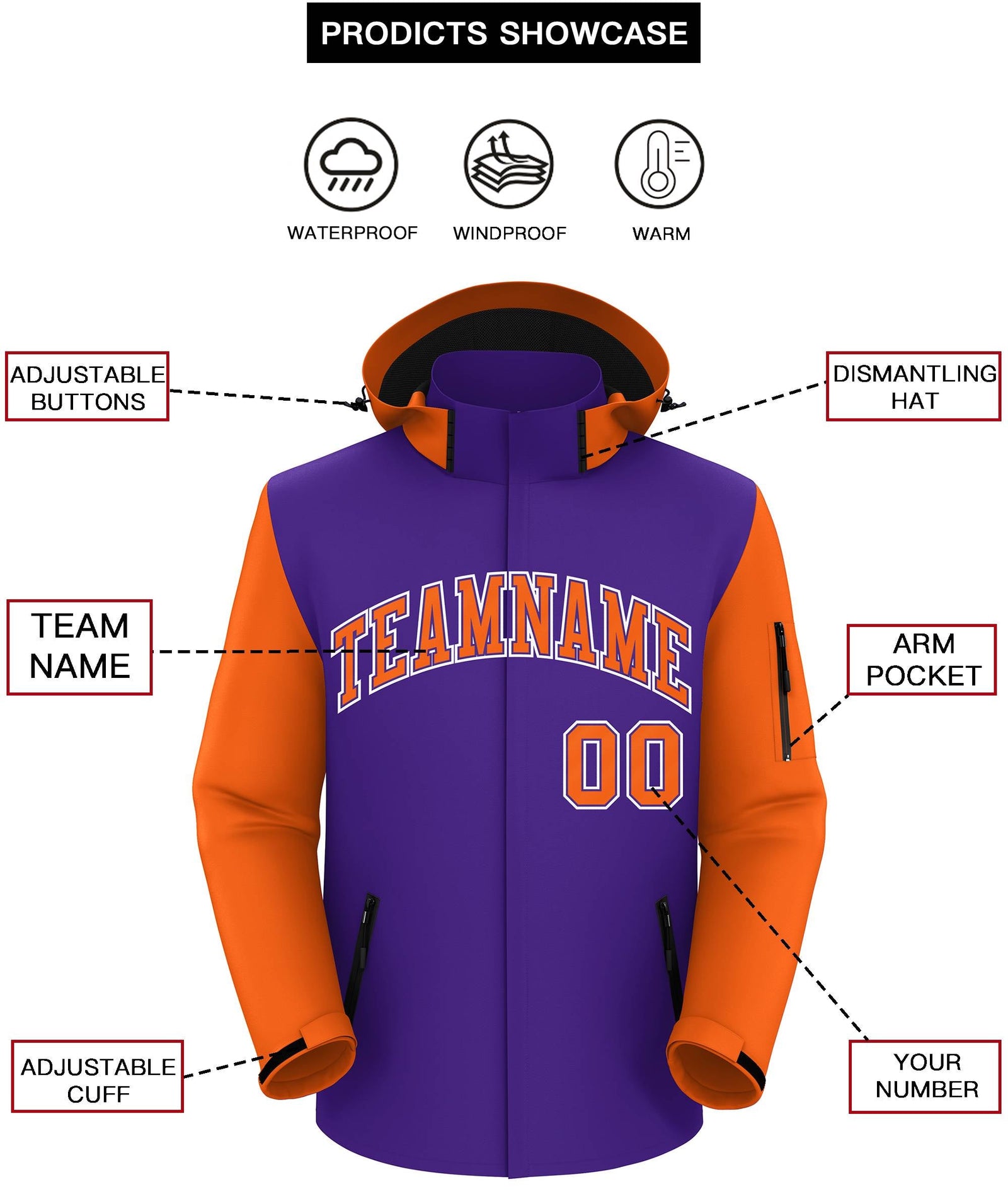 Custom Purple Orange-White Raglan Sleeves Waterproof Jacket