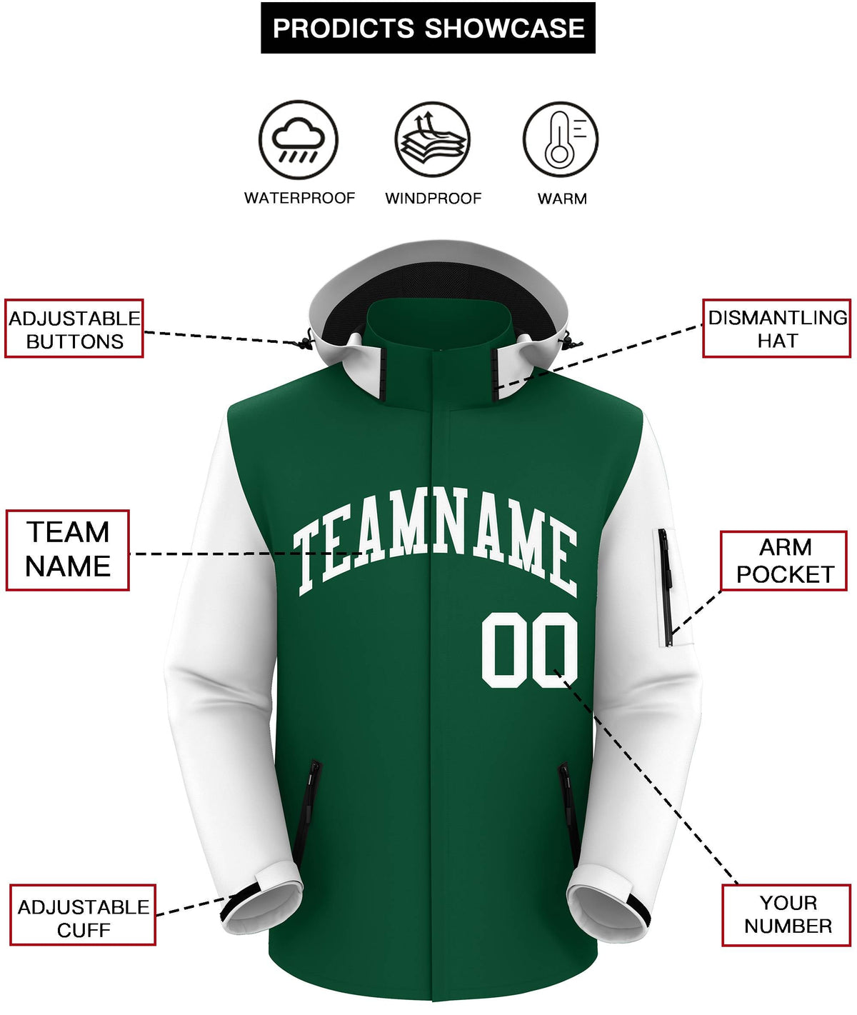 Custom Green White- Raglan Sleeves Waterproof Jacket