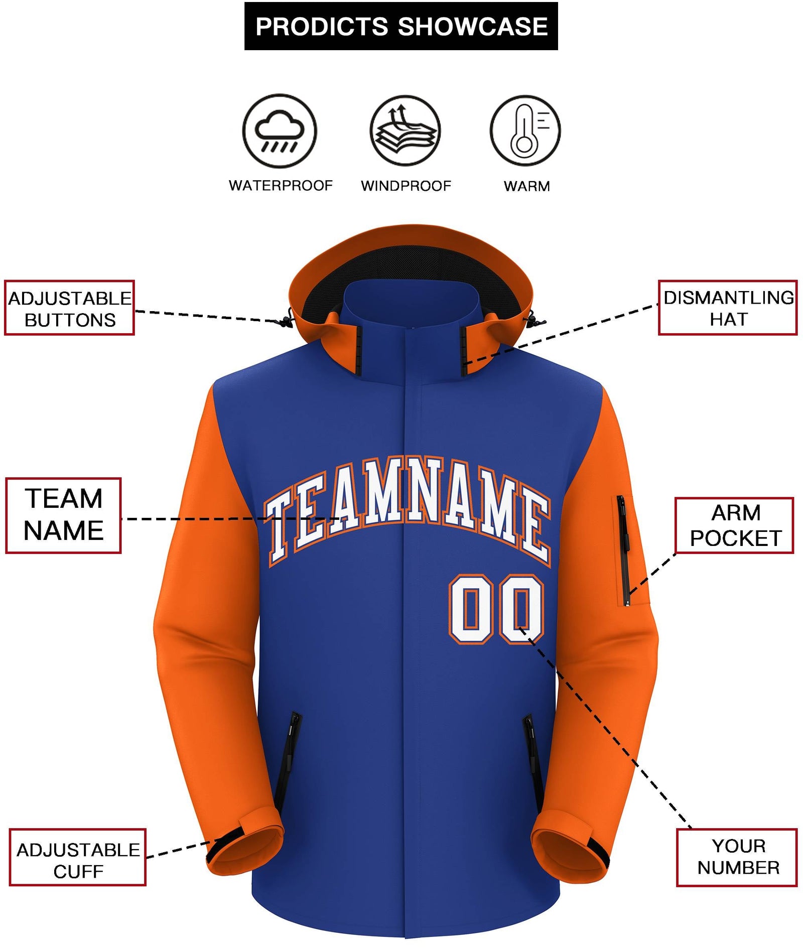 Custom Royal Orange-White Raglan Sleeves Waterproof Jacket