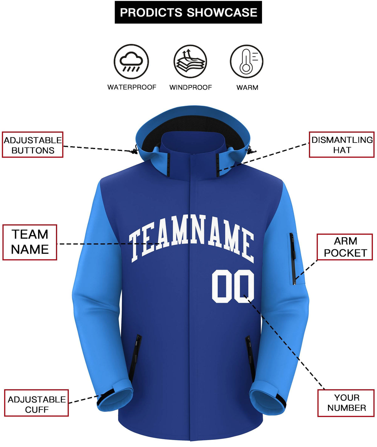 Custom Royal Powder Blue-White Raglan Sleeves Waterproof Jacket