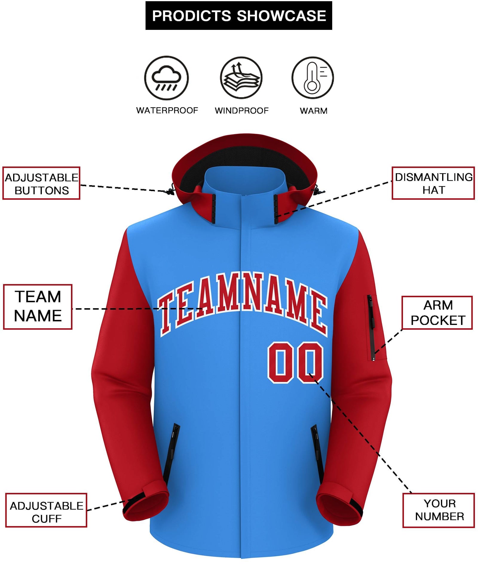 Custom Powder Blue Red-White Raglan Sleeves Waterproof Jacket