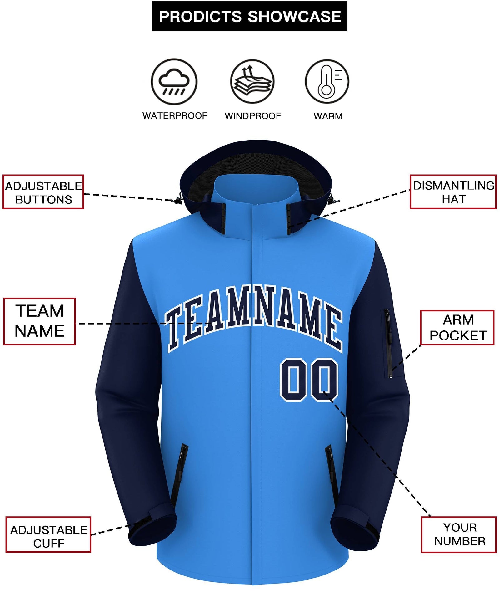 Custom Powder Blue Navy-White Raglan Sleeves Waterproof Jacket