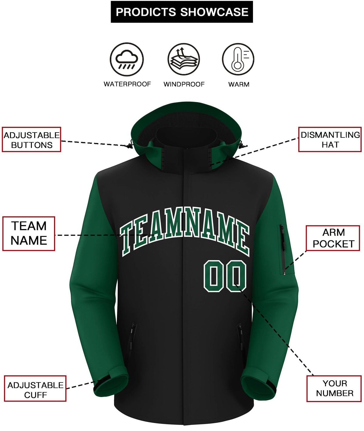 Custom Black Green-White Raglan Sleeves Waterproof Jacket