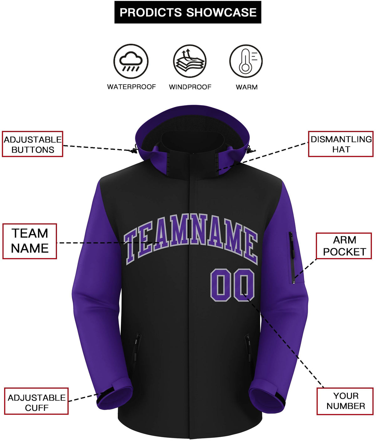 Custom Black Purple-Gray Raglan Sleeves Waterproof Jacket