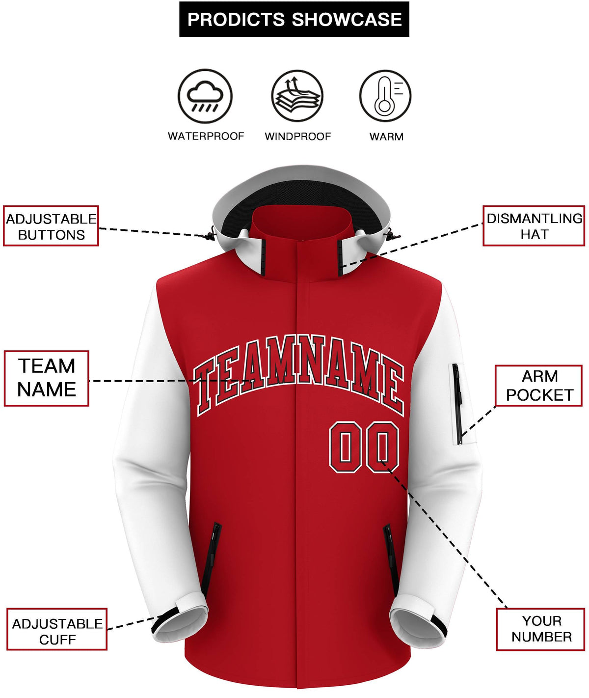 Custom Red White-Black Raglan Sleeves Waterproof Jacket
