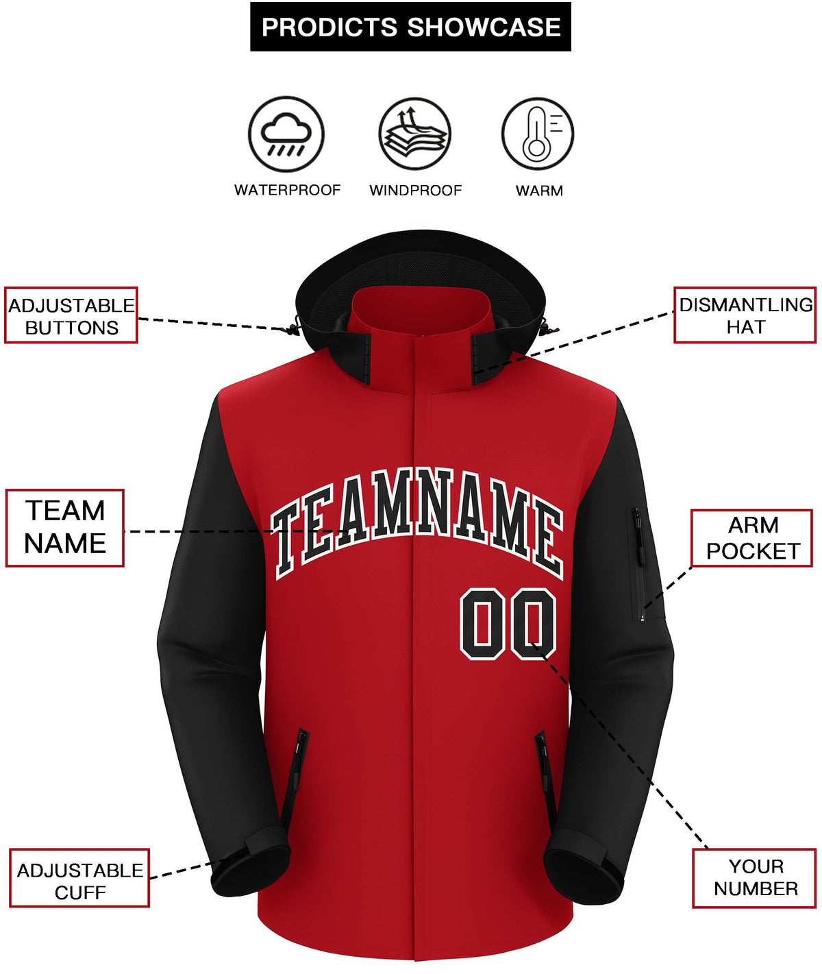 Custom Red Black-White Raglan Sleeves Waterproof Jacket