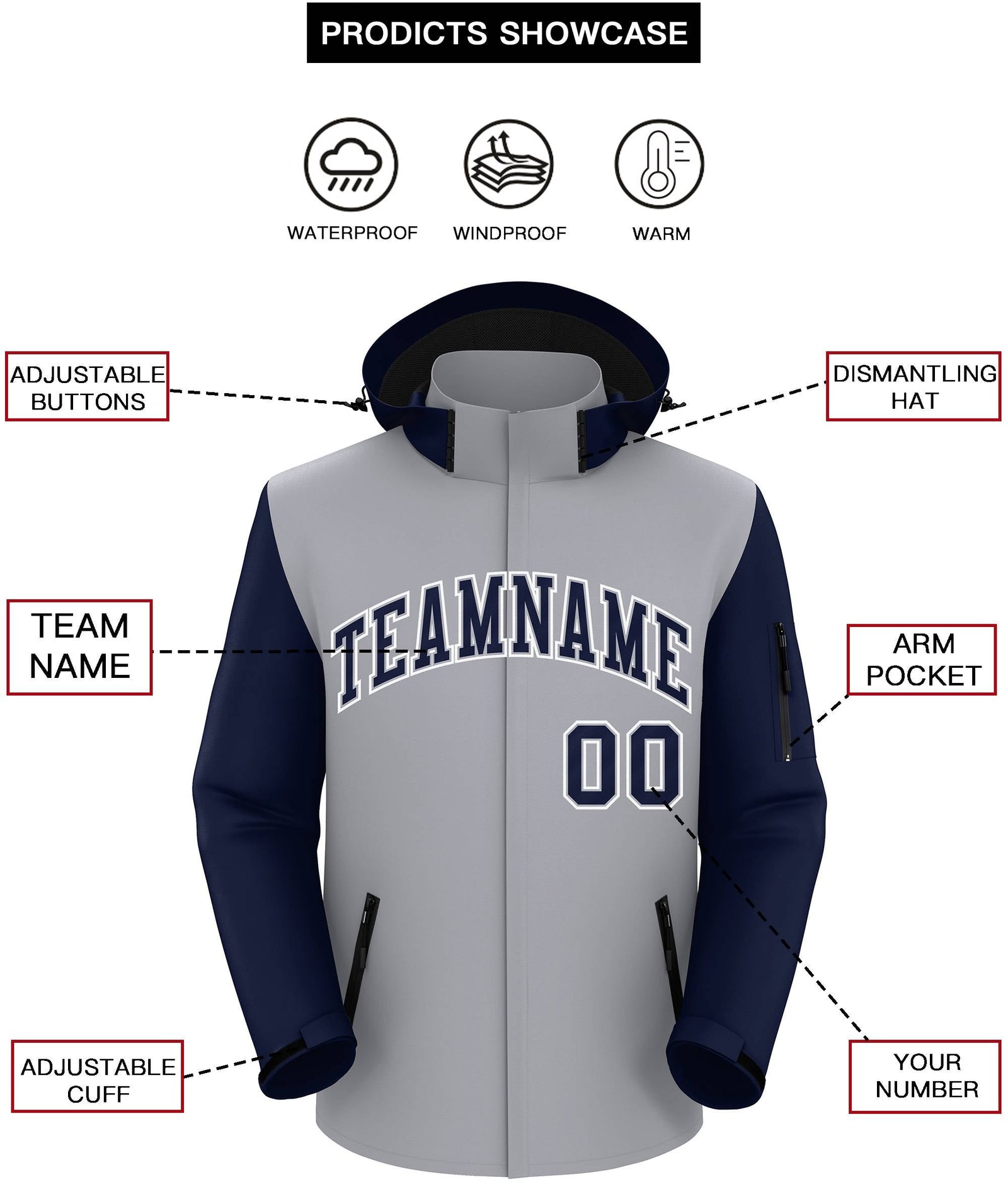 Custom Gray Navy-White Raglan Sleeves Waterproof Jacket