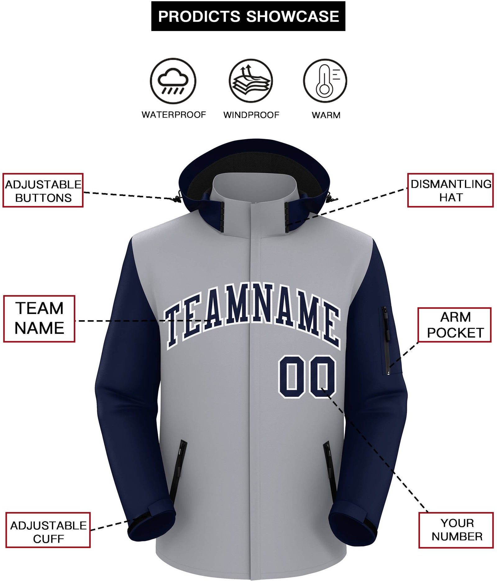 Custom Gray Navy-White Raglan Sleeves Waterproof Jacket