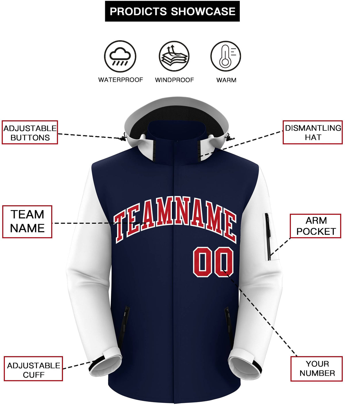 Custom Navy White-White Raglan Sleeves Waterproof Jacket