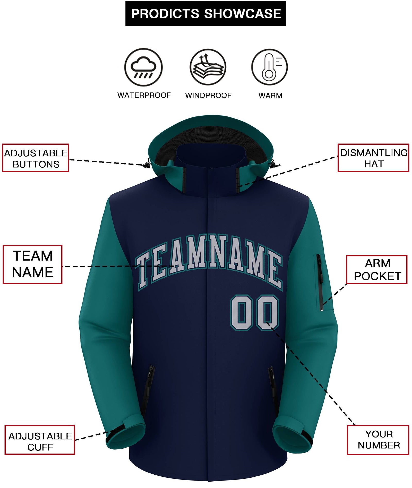 Custom Navy Teal-Gray Raglan Sleeves Waterproof Jacket