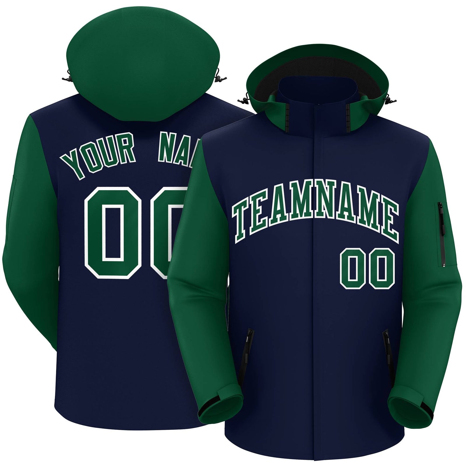 Custom Navy Green-White Raglan Sleeves Waterproof Jacket