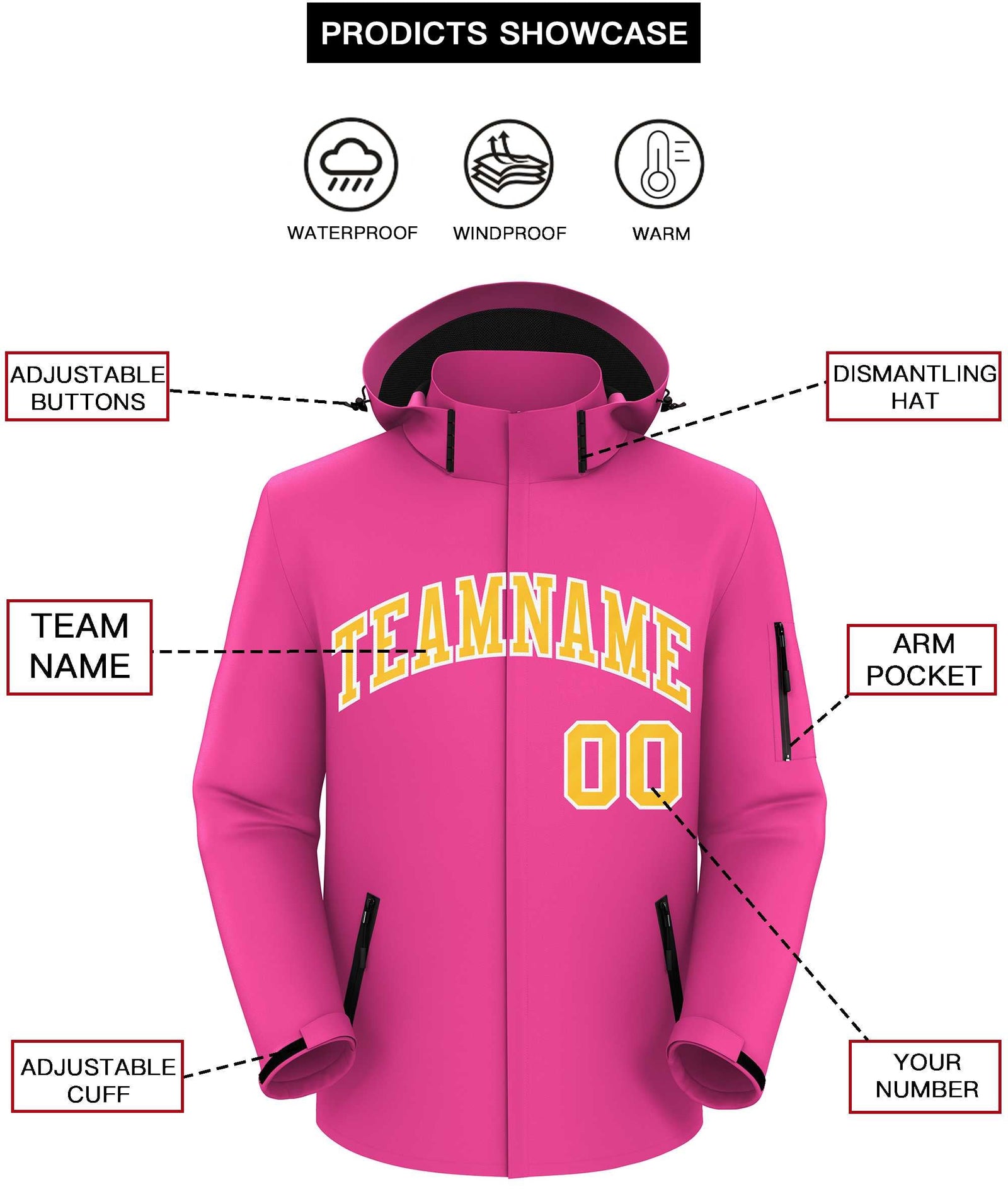 Custom Pink Gold-White Classic Style Waterproof Jacket