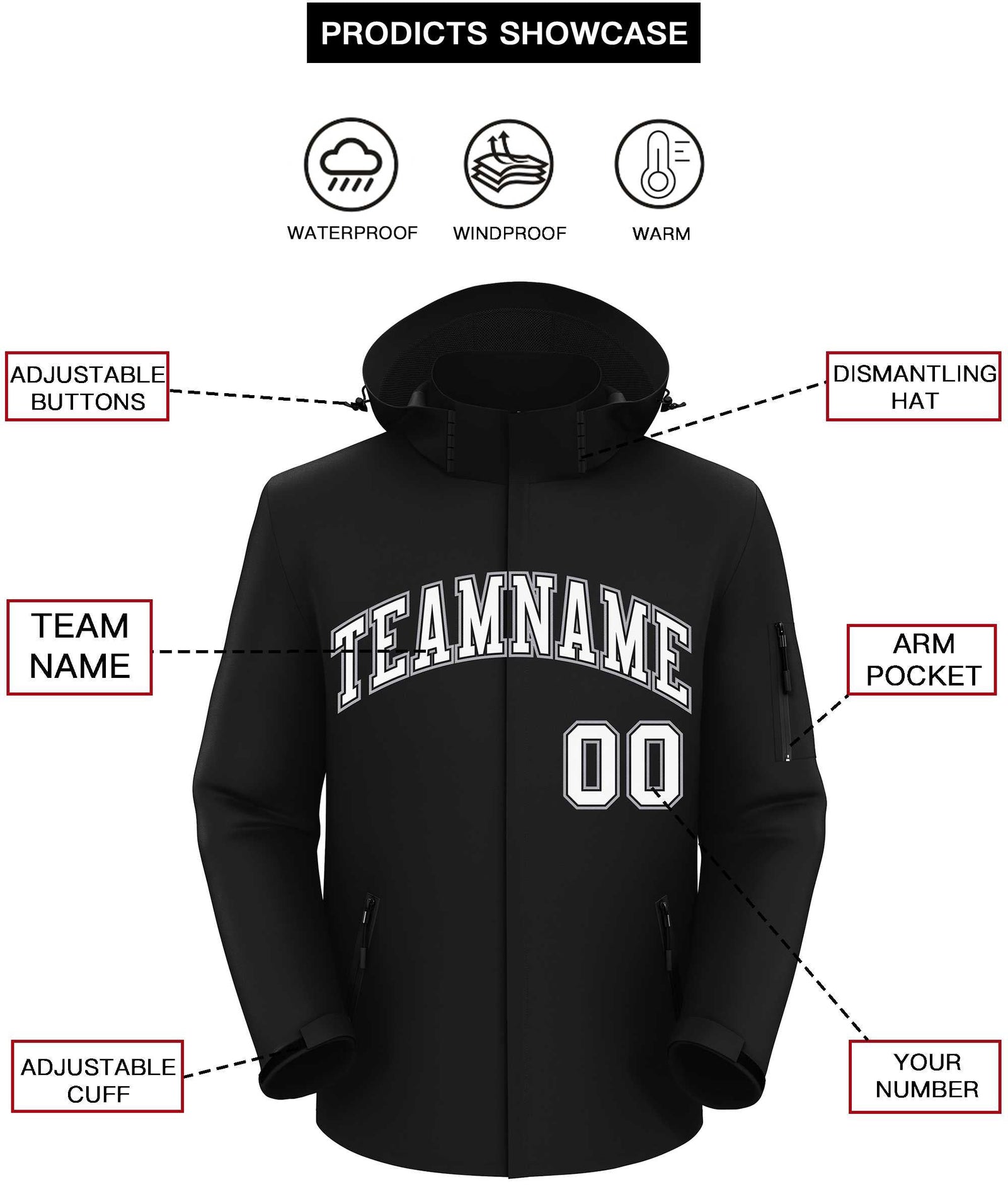 Custom Black White-Gray Classic Style Waterproof Jacket