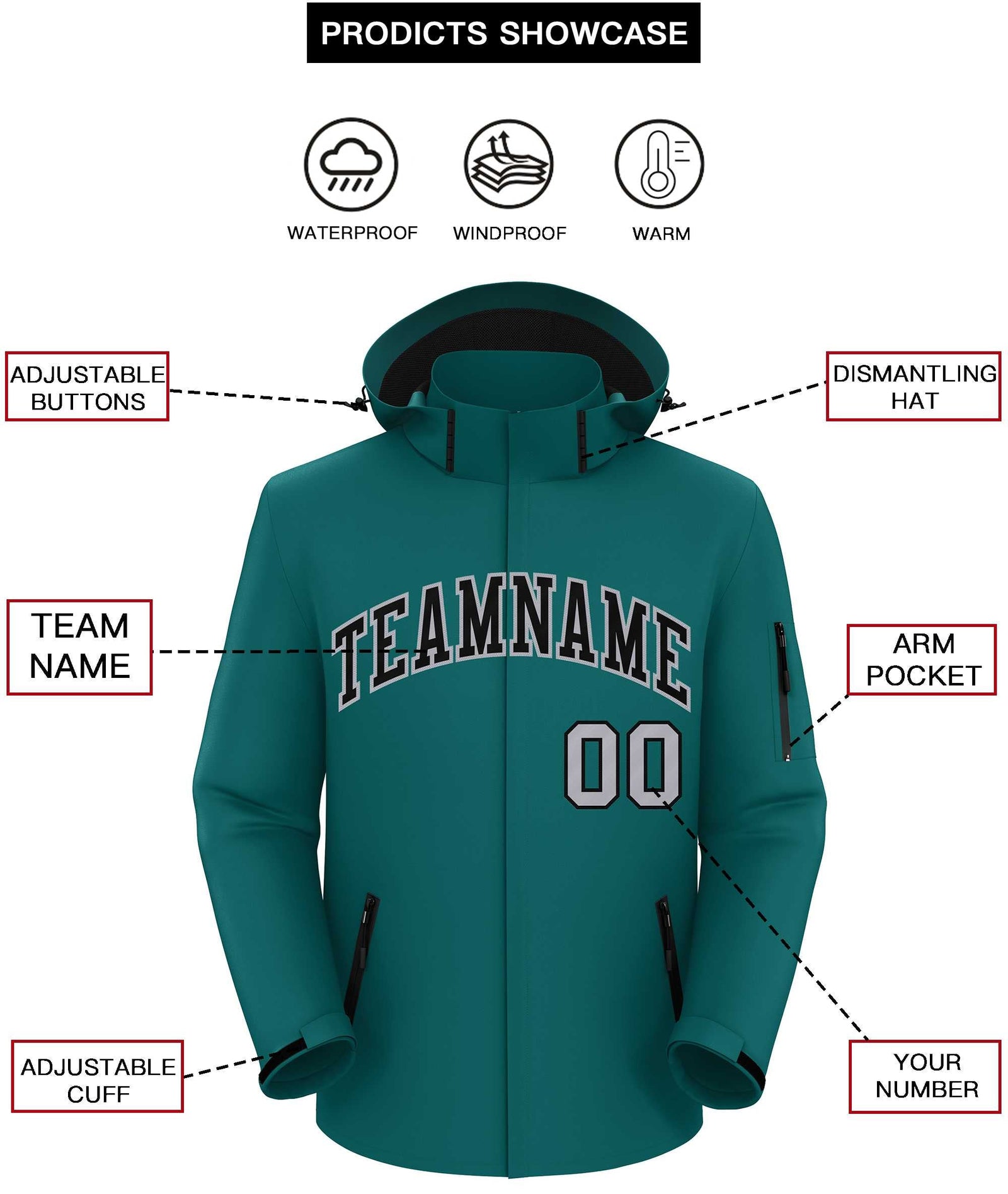 Custom Teal Black-Gray Classic Style Waterproof Jacket