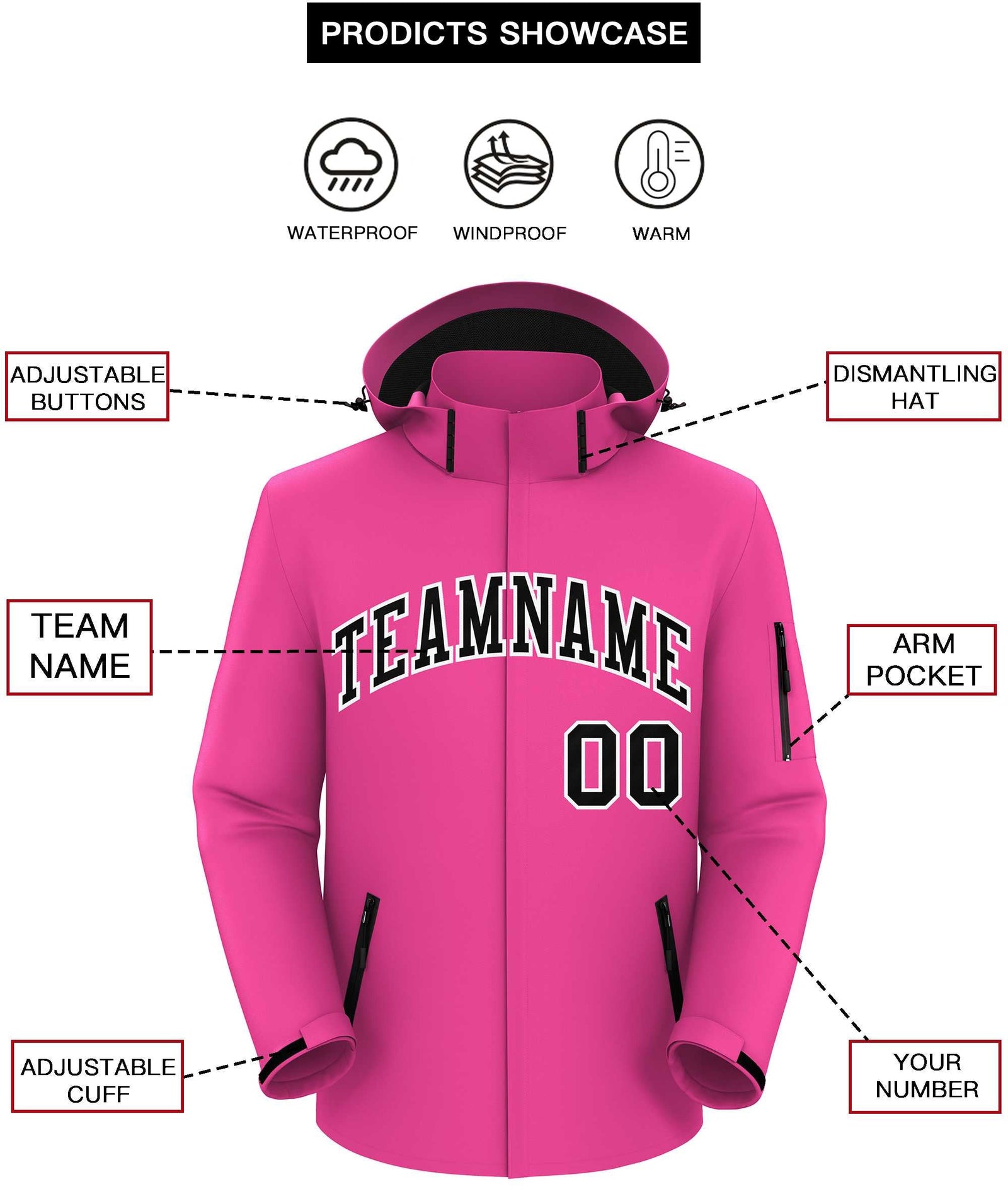 Custom Pink Black-White Classic Style Waterproof Jacket