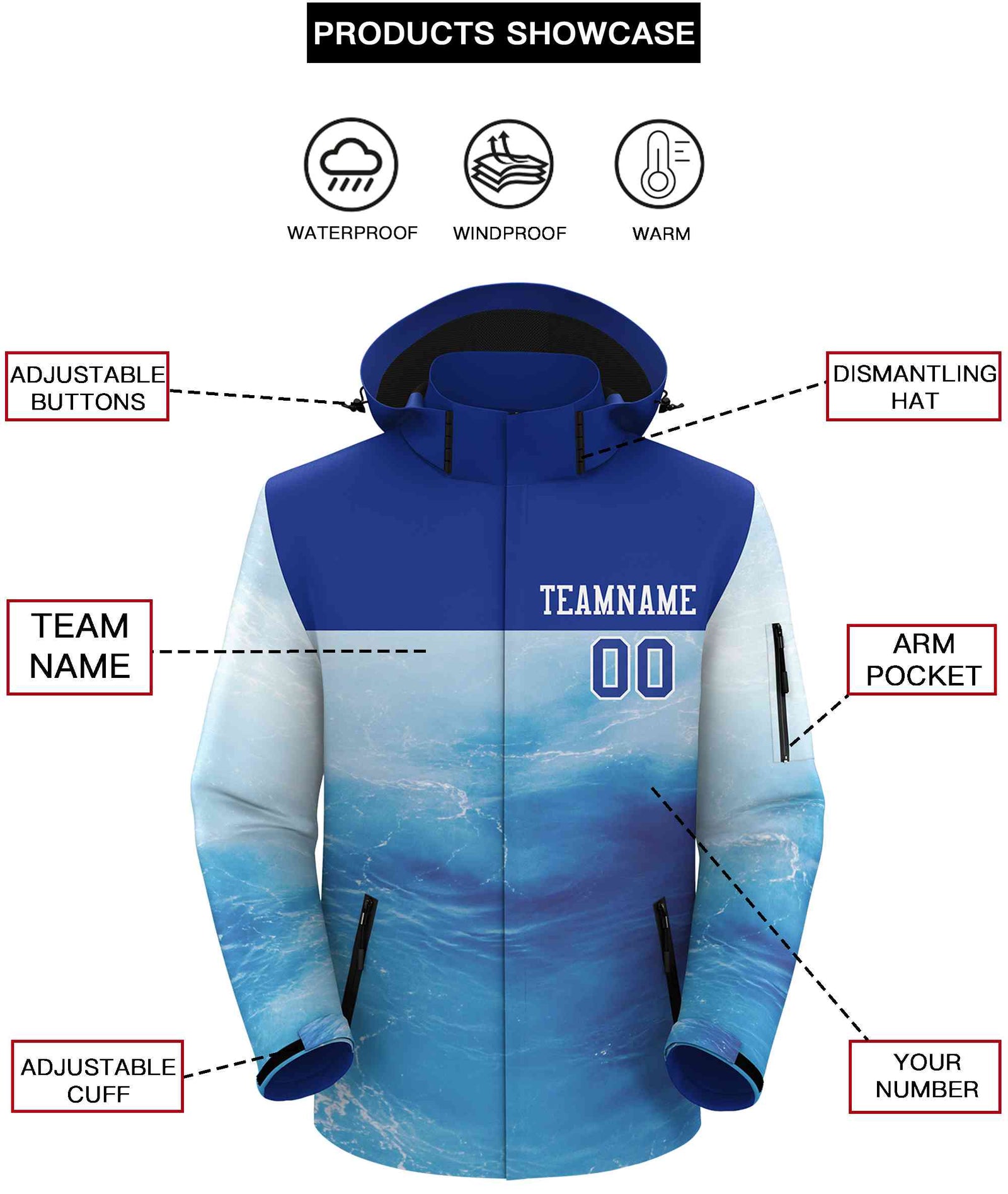 Custom Royal White Graffiti Pattern Personalized Outdoor Hooded Waterproof Jacket