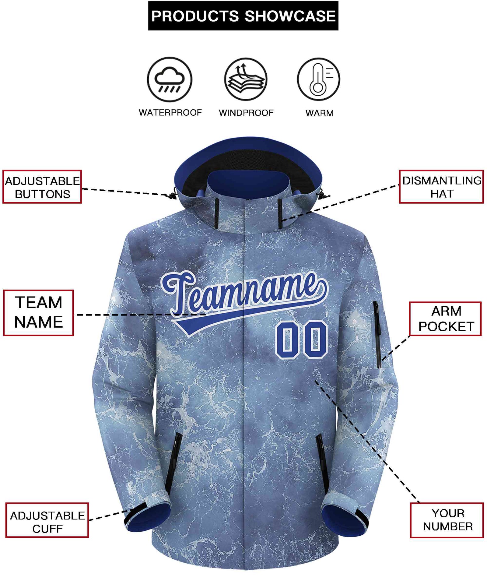 Custom Royal White Graffiti Pattern Personalized Outdoor Hooded Waterproof Jacket