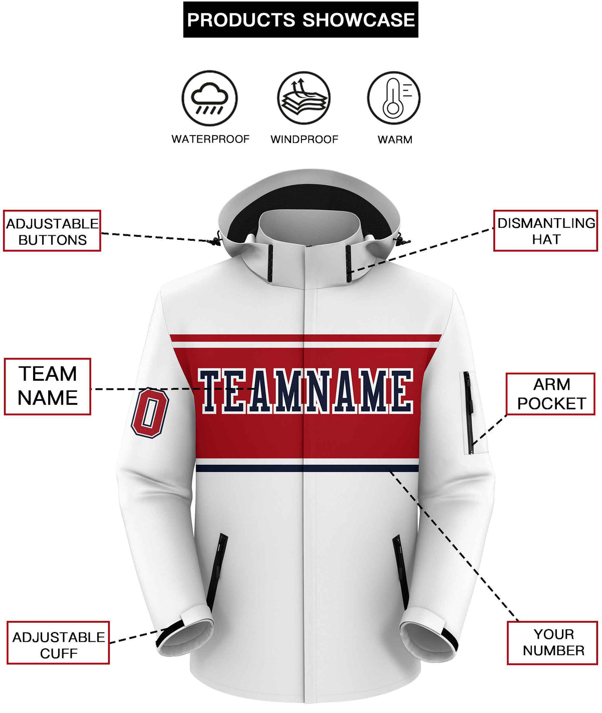 Custom White Red-Navy Color Block Personalized Outdoor Hooded Waterproof Jacket