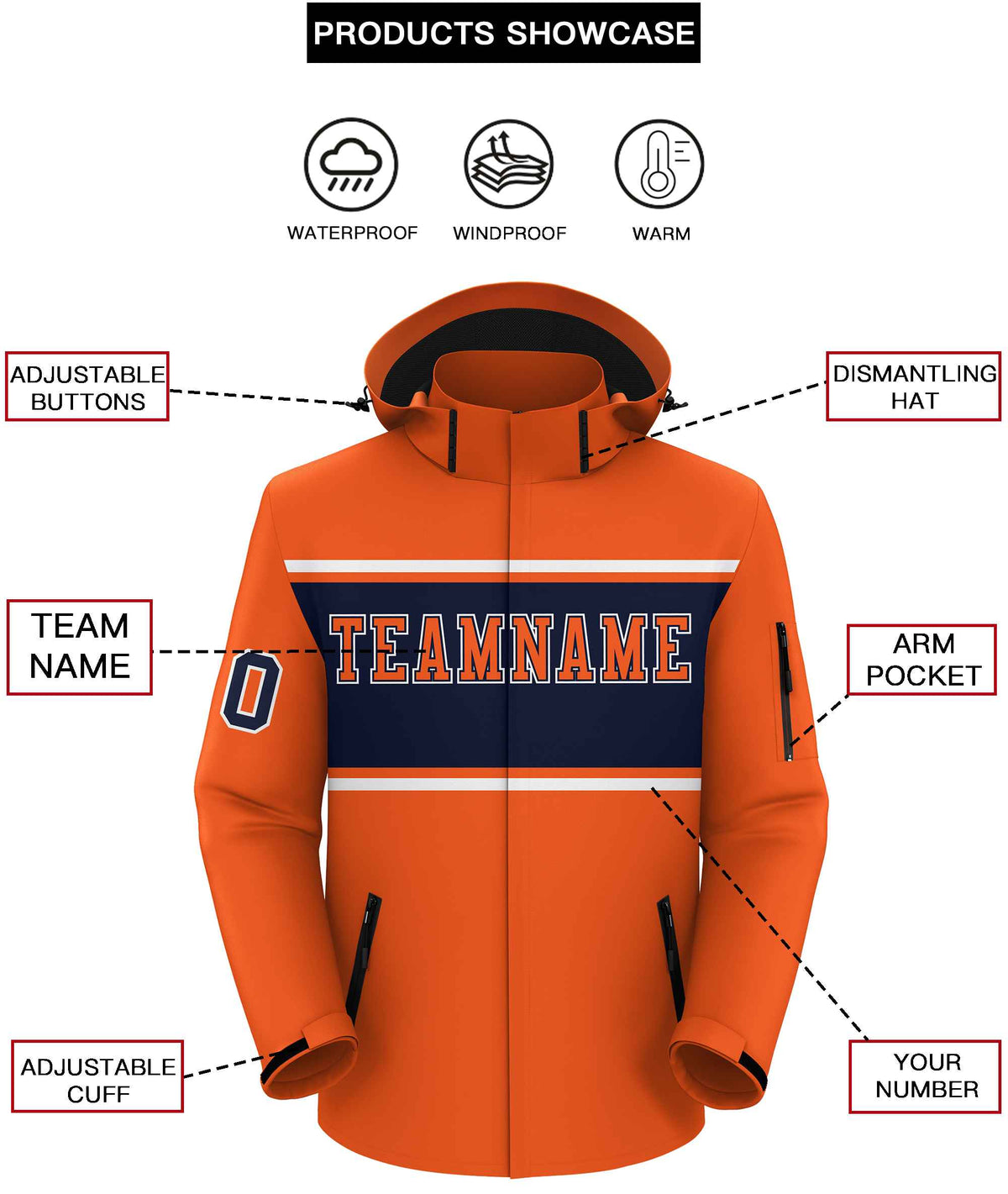 Custom Orange White-Navy Color Block Personalized Outdoor Hooded Waterproof Jacket