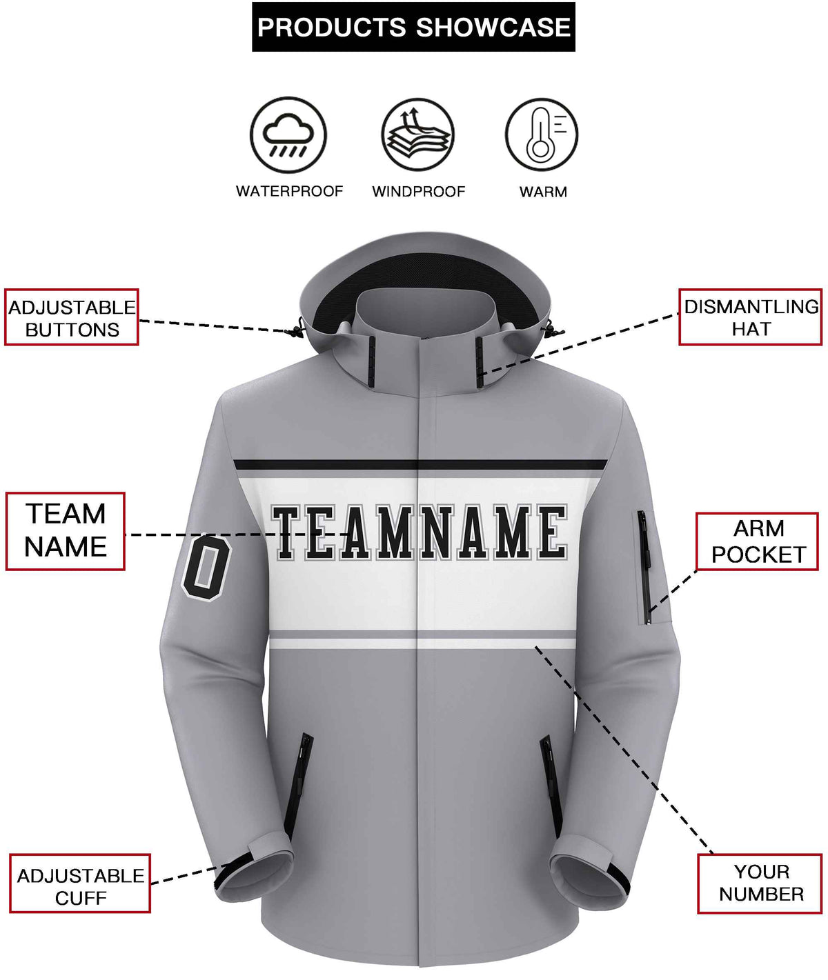 Custom Gray Black-White Color Block Personalized Outdoor Hooded Waterproof Jacket