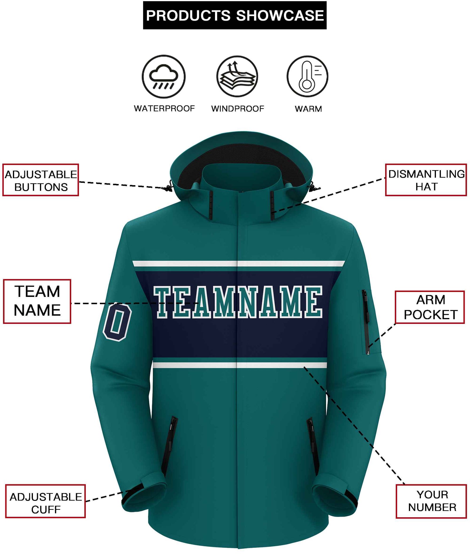 Custom Aqua White-Navy Color Block Personalized Outdoor Hooded Waterproof Jacket