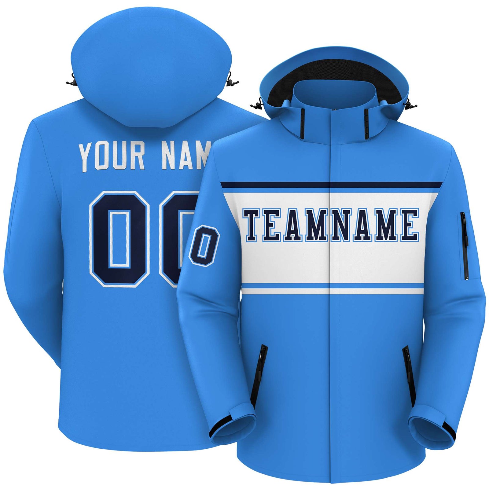 Custom Powder Blue Black-White Color Block Personalized Outdoor Hooded Waterproof Jacket