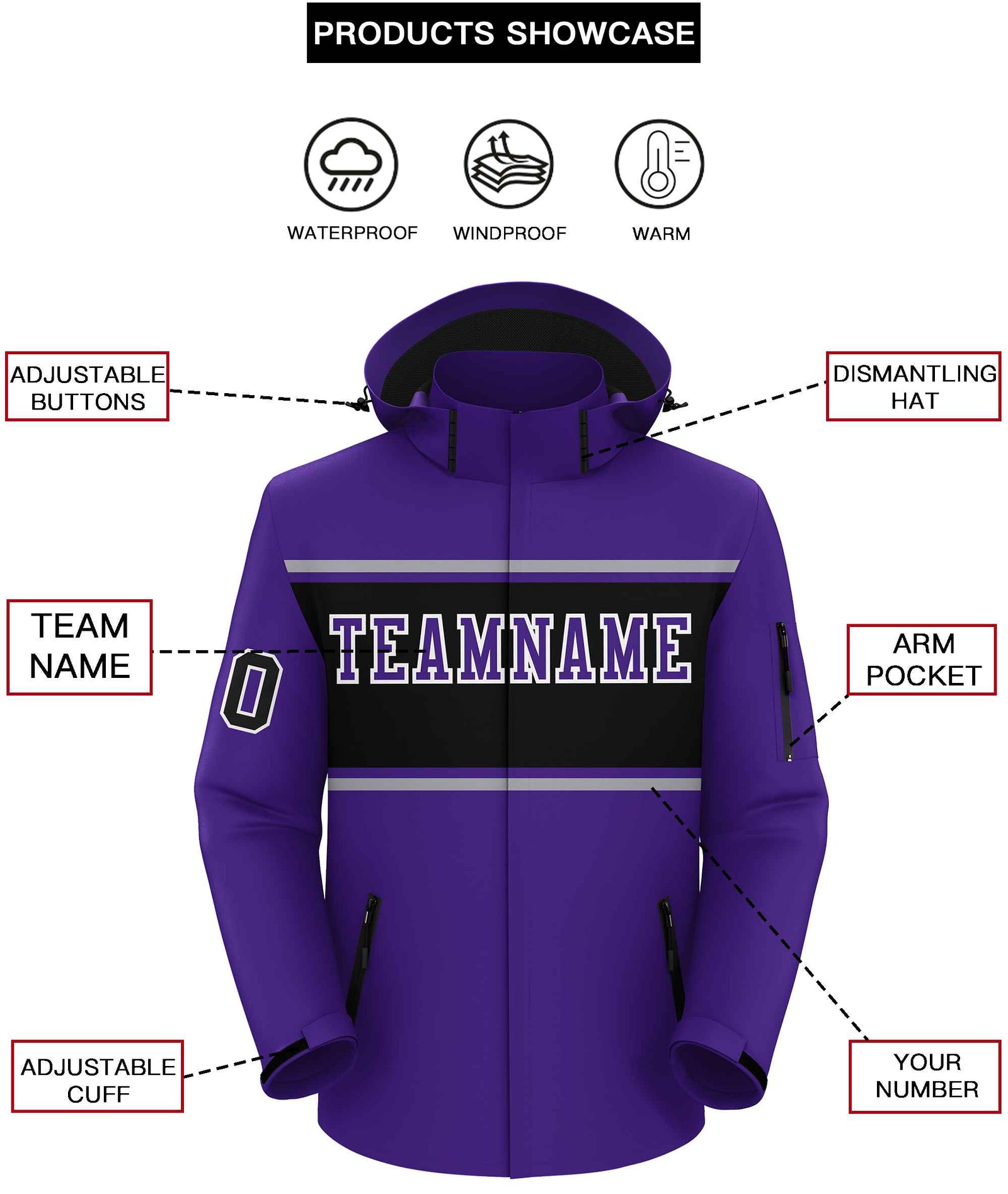 Custom Purple Gray-Black Color Block Personalized Outdoor Hooded Waterproof Jacket