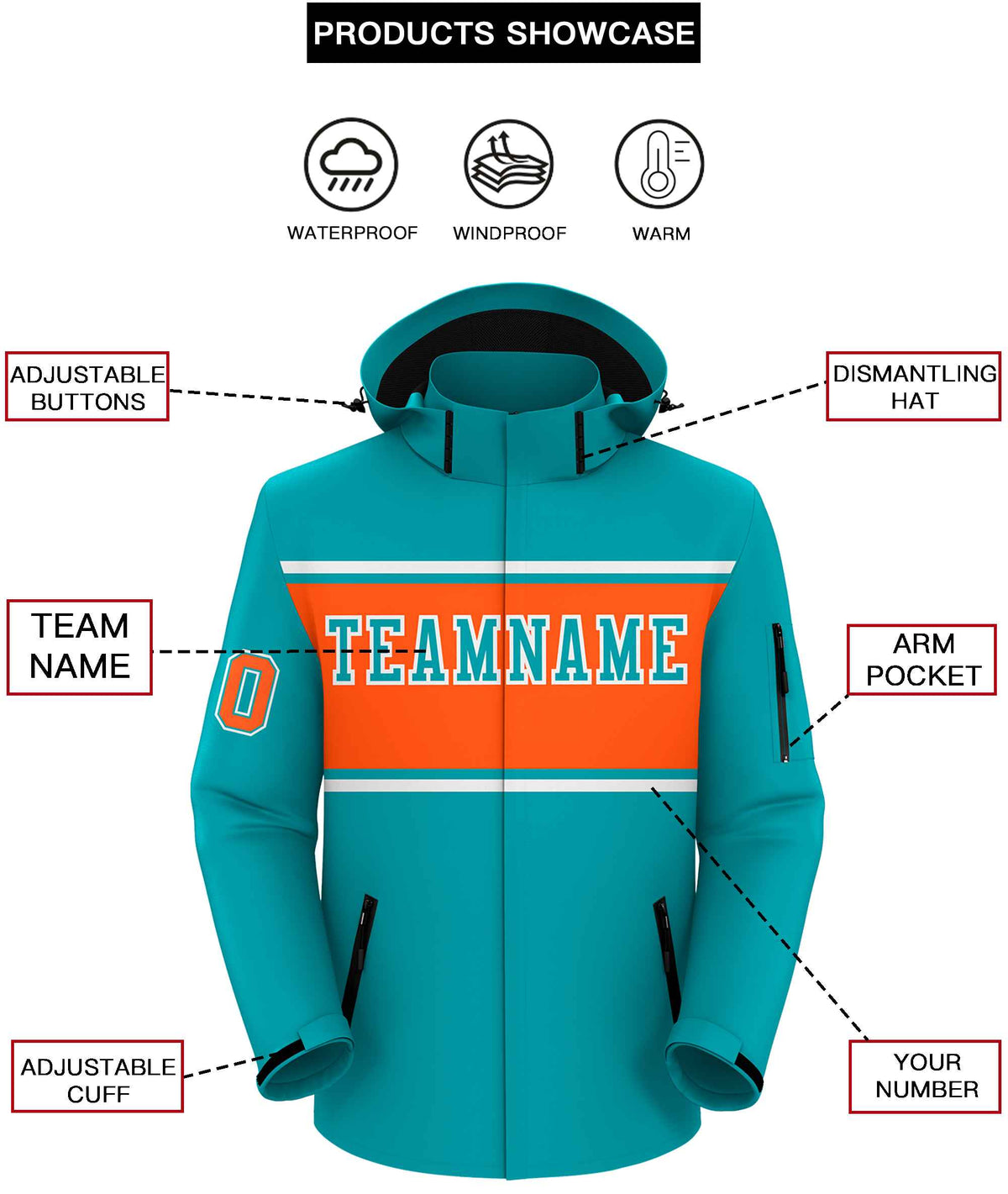 Custom Aqua White-Orange Color Block Personalized Outdoor Hooded Waterproof Jacket